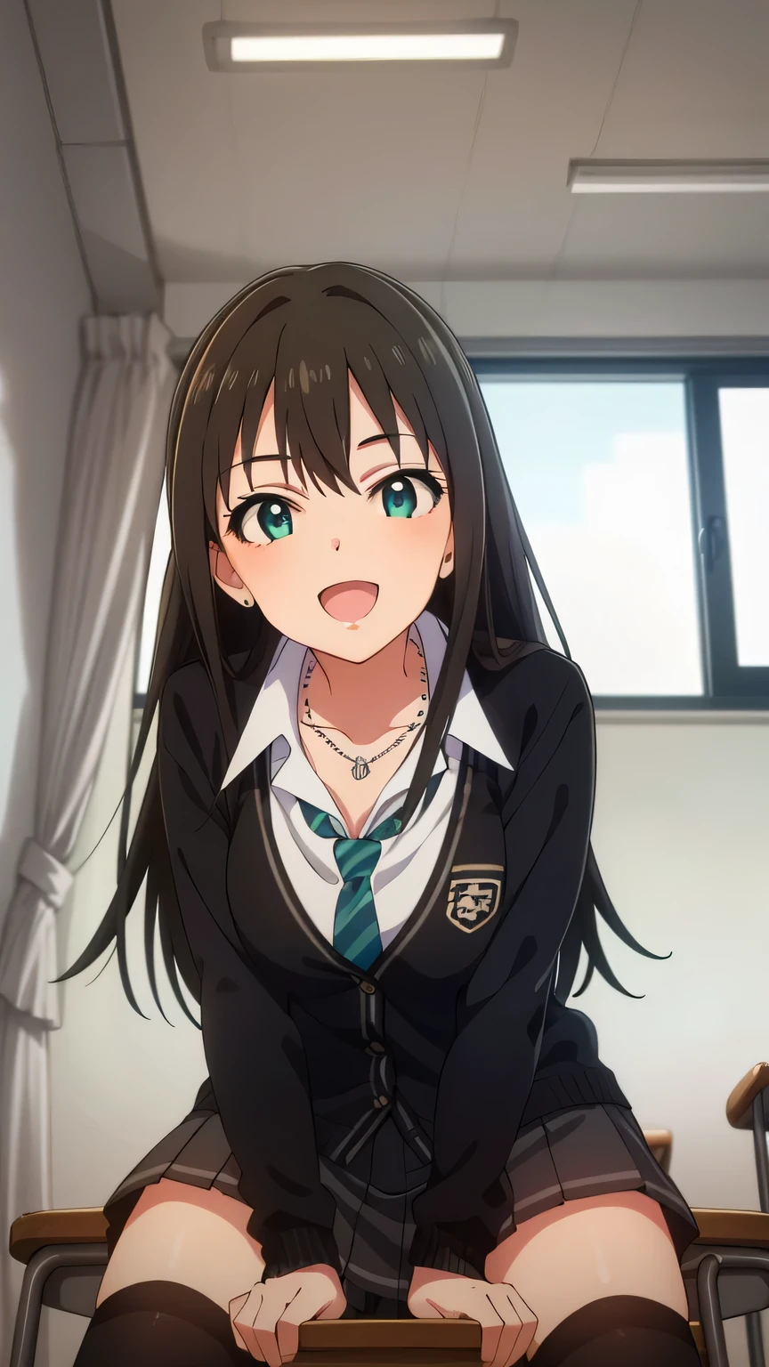 {{{masterpiece}}}, (best quality:1.5), (ultra-detailed:1.5), {illustration}, {{an extremely delicate and beautiful}}, (beautiful detailed eyes:1.6), absurdres, highres, extremely detailed face, 16k, hd, visual anime de uma jovem mulher, extremamente bonito rosto de anime, anime melhor garota, (perfect hands, perfect anatomy), anime face, rin shibuya(iDOLM@STER Cinderella Girls), 1girl, solo, cute face, beautiful face, black hair, long hair, straight hair, bangs, sidelocks, flushed cheeks, green eyes, slanted eyes, medium breasts, thin waist, big hips, curvaceous, BREAK, {school uniform}, black cardigan, long sleeves, black sleeves, white shirt, collared shirt, wing collar, green necktie, striped necktie, clavicle, chain necklace, shirt tucked in, black skirt, miniskirt, pleated skirt, black crew socks, brown loafers, BREAK ,1girl, cowboy shot, cool face, kyoushitsu, classroom, indoors, school chair, school desk, chalkboard, window, ceiling light, curtains, smiling, peer in from below, looking at viewer, daytime, sit on the desk, spread legs, white panty, smiling, open mouth, flushed cheeks