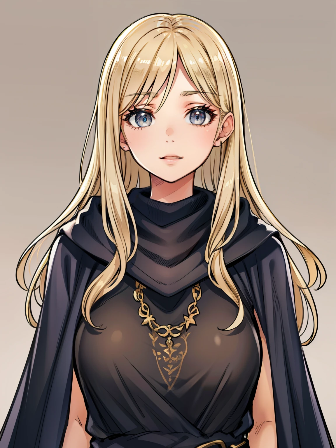 (high-quality, breathtaking),(expressive eyes, perfect face) 1girl, female, solo, blonde hair, long hair length, brown eyes, cute smile, positive expresion, grey background, portrait, symmetrical eyes, adult, busty, tall, cloak, dress, sleeveless, MAIN_QueenMarika_ownwaifu, upper body, queen vibe, mature, elegent, stylized hairstyle, kuroimori