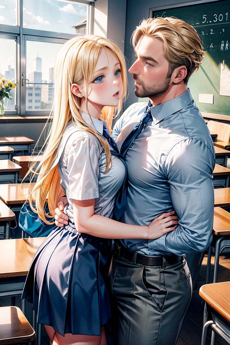 (masterpiece), best quality, (((old businessman holds nude naked young girl))) who has annoyed face and blue eye and ((large breast)) and nipple and vagina and short blond braid and red lipstick and earring and headband and wristwatch and necklace, classroom setting, young men in the background, young men in the background, young men in the background,