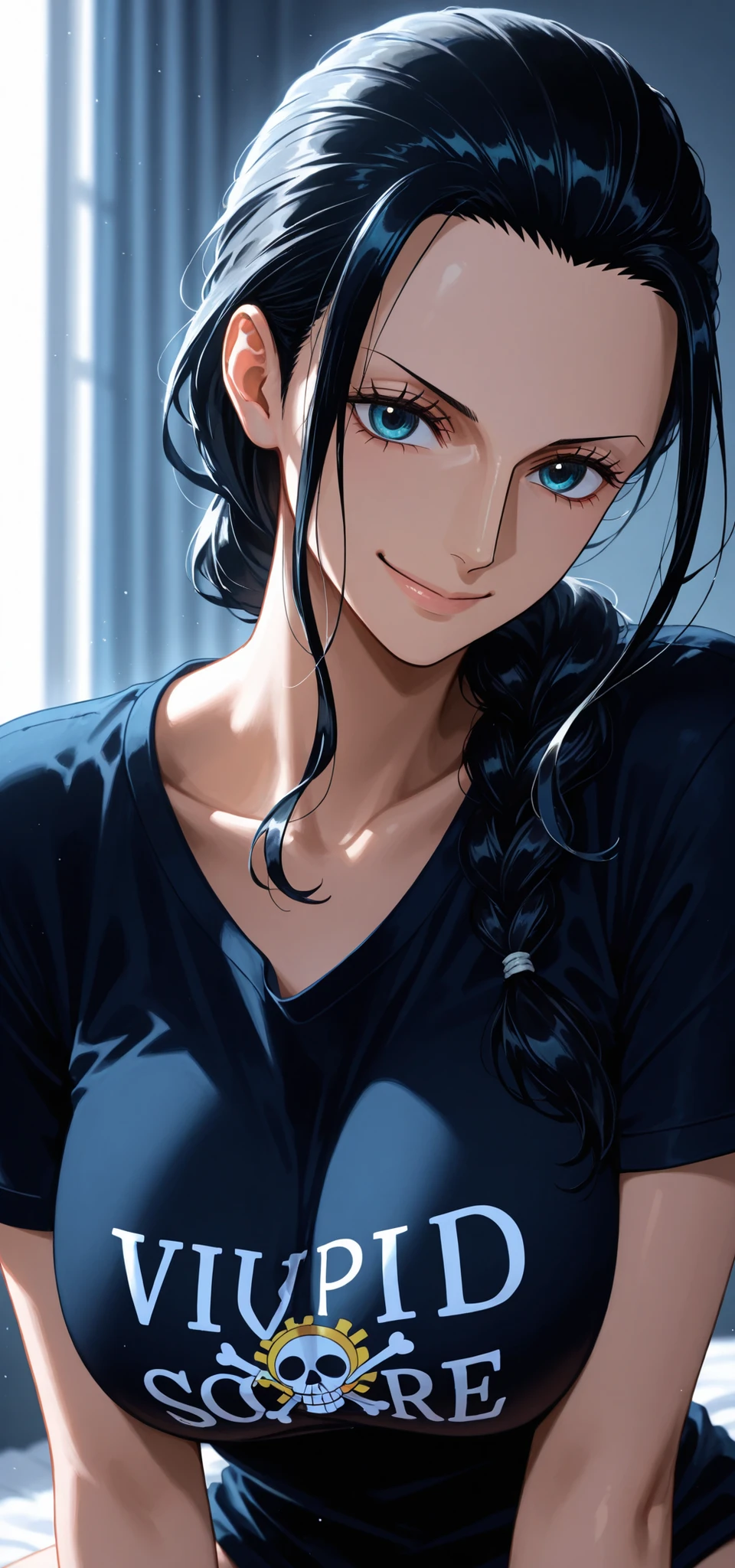 masterpiece, high score, great score, absurdres, close-up potrait, upper body, beautiful woman, Nico Robin, one piece, black hair, long hair, hair slicked back, single braid, beautiful blue eyes, looking at viewer, smile, :), oversized black t-shirt, simple background, vivid colors, volumetric lighting, soft lighting, wariza, w sitting, front view