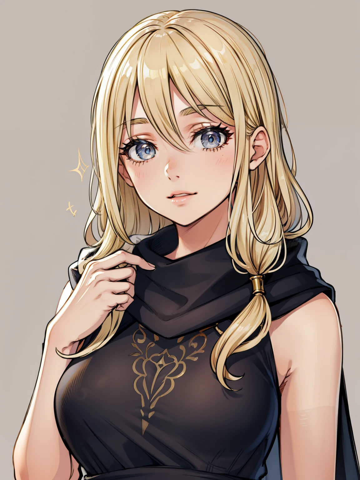 (high-quality, breathtaking),(expressive eyes, perfect face) 1girl, female, solo, blonde hair, long hair length, brown eyes, cute smile, positive expresion, grey background, portrait, symmetrical eyes, adult, busty, tall, cloak, dress, sleeveless, MAIN_QueenMarika_ownwaifu, upper body, queen vibe, mature, elegent, stylized hairstyle, kuroimori