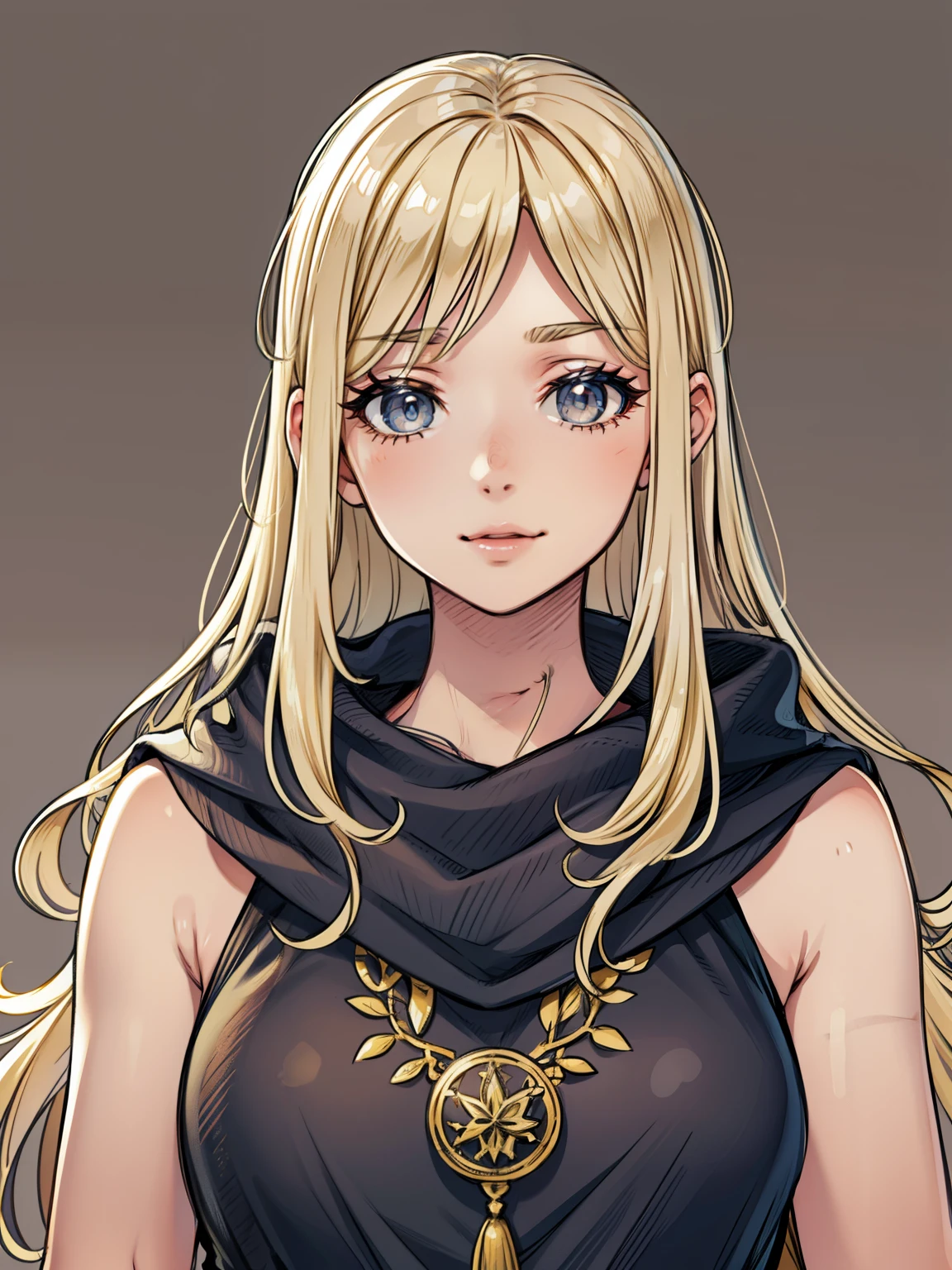 (high-quality, breathtaking),(expressive eyes, perfect face) 1girl, female, solo, blonde hair, long hair length, brown eyes, cute smile, positive expresion, grey background, portrait, symmetrical eyes, adult, busty, tall, cloak, dress, sleeveless, MAIN_QueenMarika_ownwaifu, upper body, queen vibe, mature, elegent, stylized hairstyle, kuroimori