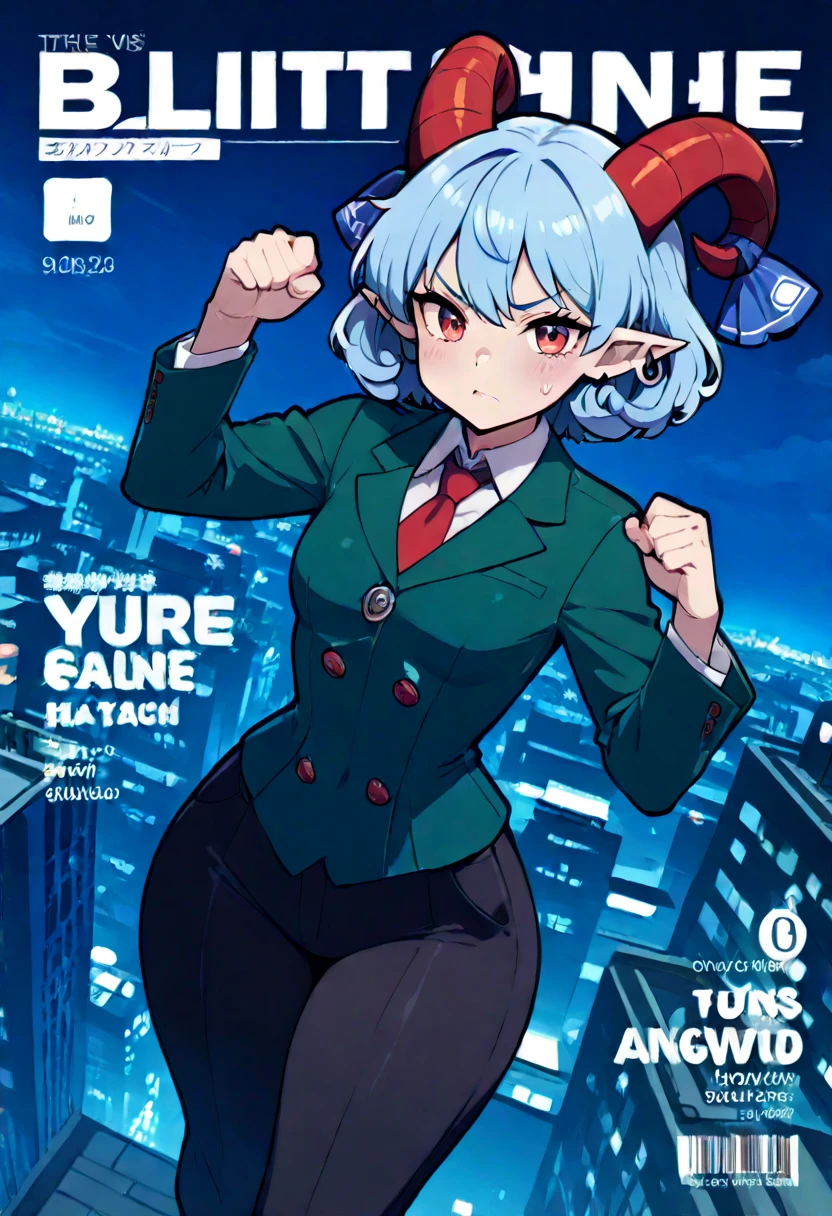 ((best quality, 4k, 8k, anime bishoujo, one girl, masterpiece), ((((beautiful extremely detailed face)))), (detailed eyes), red eyes, natural lighting, ((giantess, GTS, taller than a building, battle pose,)), ((yuuma toutetsu, yuuma)), (wavy hair, short hair, light blue hair, curved red horns), ((,((green business suit, green double breasted suit)), long pants, black pants)), ((flat breasts, small breasts, ((SSBBW)), chubby, colossal hips, blimphips, colossal thighs, blimpthighs, ((extremely wide waist, belly fat)), )), natural lighting, ((detailed background, night sky, city lights, miniture city, greenery)), (high angle, tilted angle), (magazine cover, fake magazine cover, cover, fake cover, price, cover page, text focus, barcode, content rating, dated,),