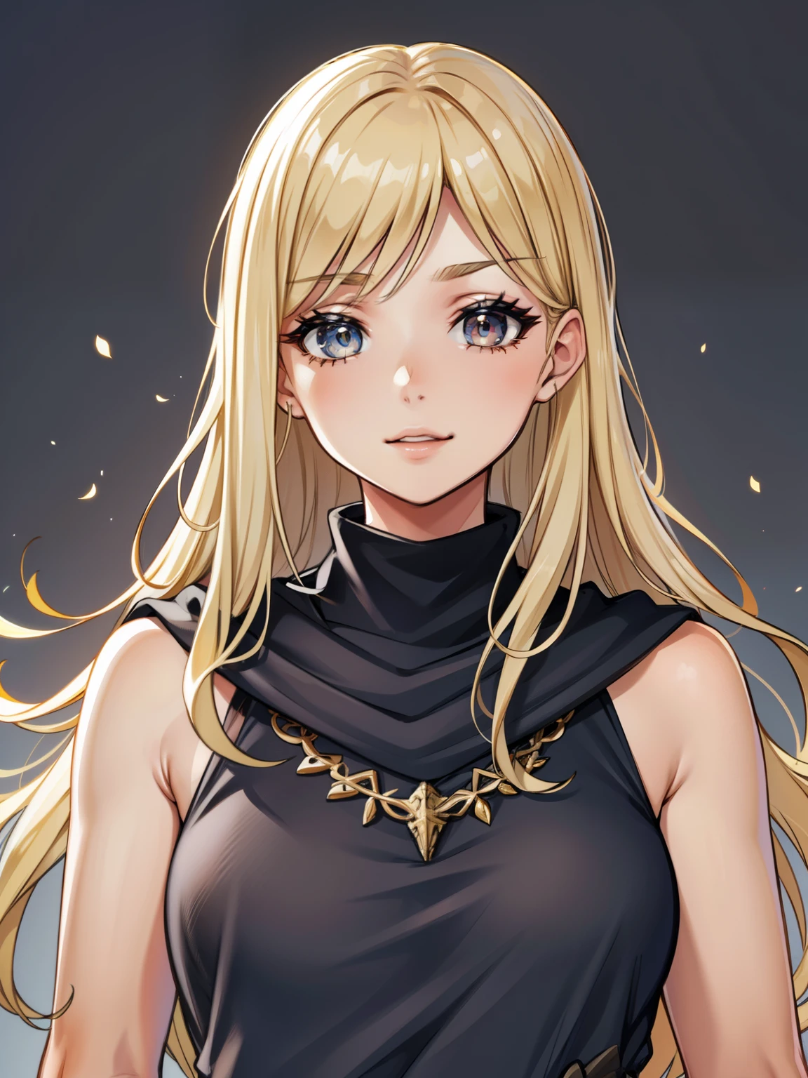 (high-quality, breathtaking),(expressive eyes, perfect face) 1girl, female, solo, blonde hair, long hair length, brown eyes, cute smile, positive expresion, grey background, portrait, symmetrical eyes, adult, busty, tall, cloak, dress, sleeveless, MAIN_QueenMarika_ownwaifu, upper body, queen vibe, mature, elegent, stylized hairstyle, kuroimori