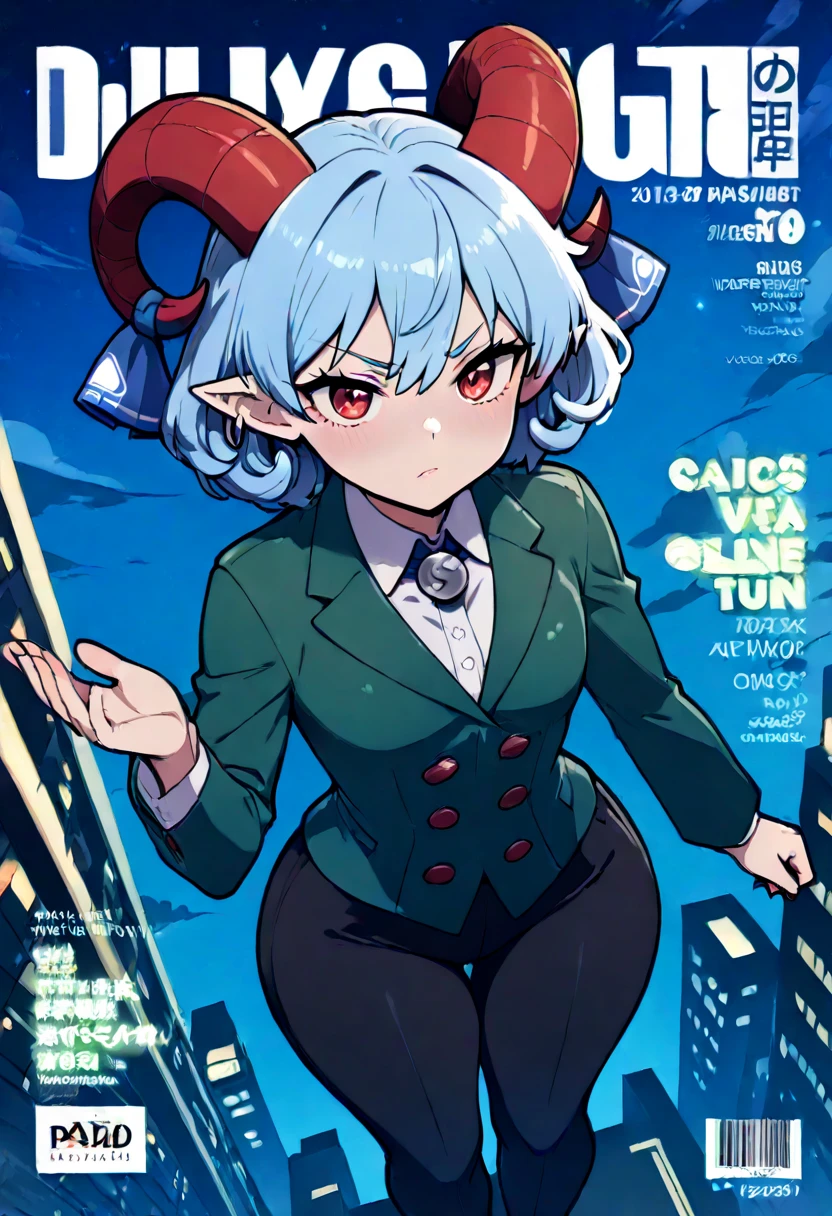 ((best quality, 4k, 8k, anime bishoujo, one girl, masterpiece), ((((beautiful extremely detailed face)))), (detailed eyes), red eyes, natural lighting, ((giantess, GTS, taller than a building, battle pose,)), ((yuuma toutetsu, yuuma)), (wavy hair, short hair, light blue hair, curved red horns), ((,((green business suit, green double breasted suit)), long pants, black pants)), ((flat breasts, small breasts, ((SSBBW)), chubby, colossal hips, blimphips, colossal thighs, blimpthighs, ((extremely wide waist, belly fat)), )), natural lighting, ((detailed background, night sky, city lights, miniture city, greenery)), (high angle, tilted angle), (magazine cover, fake magazine cover, cover, fake cover, price, cover page, text focus, barcode, content rating, dated,),