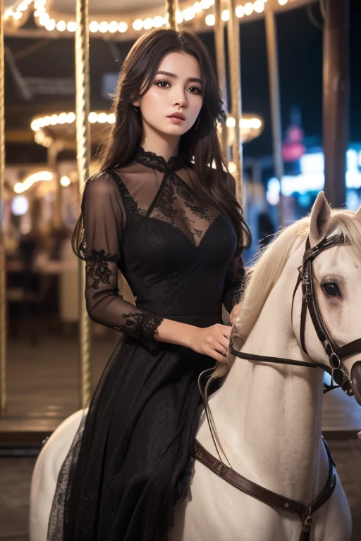 (A huge amusement park in a resort area), masterpiece, light makeup, red lips, beautiful hair, (Medium hair:1.3), elegant, Very fine details, masterworks, authentic texture, cinematic lighting realism, perfect work, 16k, high resolution, exquisite features, brown eyes, (Ultra-high resolution eye:1.1), Japanese idol, beautiful face, (gentle smile like a goddess), attractive, well-shaped breasts, beautiful cleavage, shiny skin, ((Navy camisole dress with high-quality lace:1.3)), break, bright big eyes, smooth skin, earrings, necklace, standing position, (ground level shot:1.2), ((Riding a white horse on a merry-go-round)), 