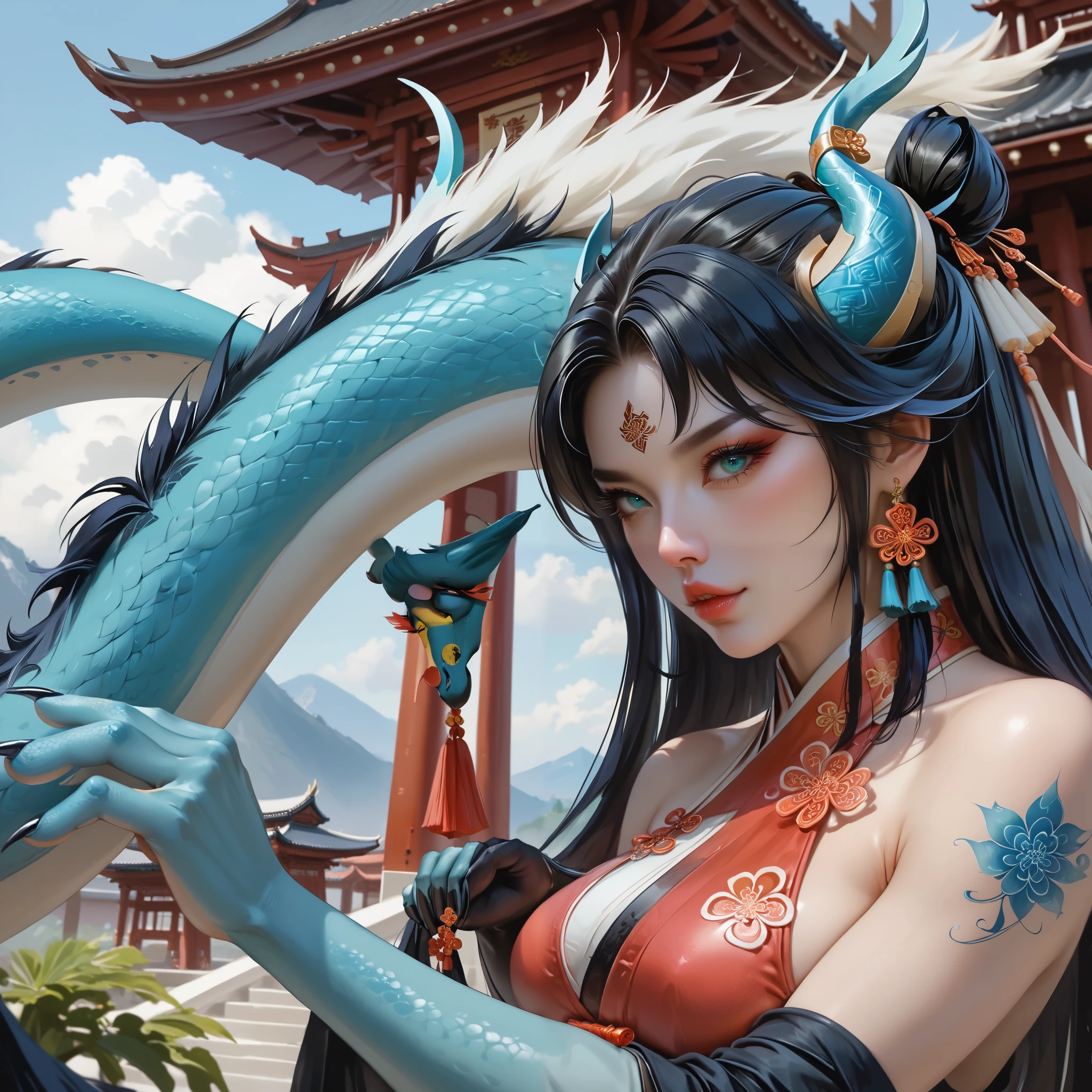 Girl is Azure dragoness Lúng,she is humanoid Eastern dragon hybrid. She has indigo blue/black straight shoulder-length hairstyle, her bangs are pinned up and pulled back. She has green/jade eyes with narrow pupil . she has 4 curved branched horns are located on the forehead. She has long pointy blue fluffy dragon ears. on her sacrum is located a immensely long mighty scaly dragon tail with black mane along the spine and black fluffy tassel on tip of her tail. Her skin is pale and covered with red striped tattoos. On her limbs(arms and legs),back,neck,cheeks are fully covered with navy blue / azure scales with Nazar pattern. On fingers and toes she has long golden crescent-shaped claws. a long processes of olfactory dragon whiskers extend from the lower corners of her jaw. She has red stripes tattoos on her face , and all over her body. Her lips navi blue, she has a gold sharp fangs. She's wearing a red qipao. She doesn't wear shoes, she's barefoot. She lives in an oriental dragon temple high in the mountains. small persimmon trees bloom all around.