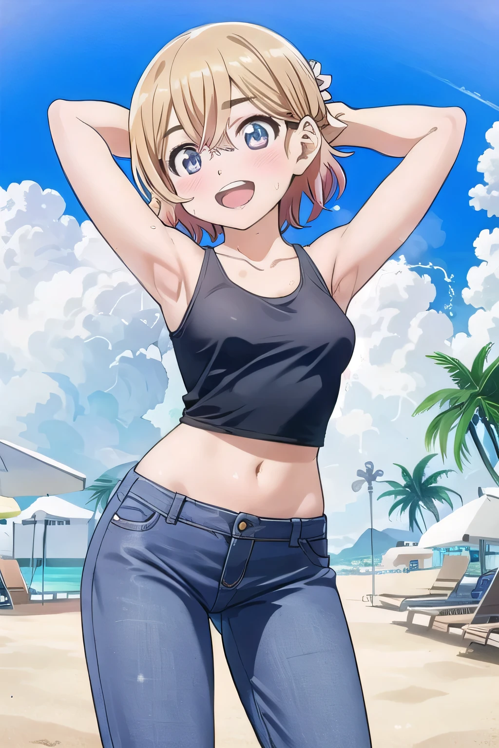 masterpiece,best quality,ultra detail, ((Perfect Face, Perfect Arms, Perfect hands, Perfect Fingers)), 1girl, , peti ((round face, ecstasy, orgasm face, drooping eyes, shame smiling, blush)), dropping eyes, sleepy, Open mouth, ((White teeth)), background((under the beach, (day:1.2), bright sky)), mami nanami, short hair, aqua eyes, blonde hair, hair between eyes, ((arms behind head, hands behind head, fingers behind head)), ((contrapposto)), spread armpits, looking at viewer,, (white tank top:1.2), (white crop top:1.2), (jeans pants:1.2, flares jeans:1.2, skinny jeans:1.2, blue jeans:1.2), standing, (legs spread:1.4), sex pose, Sweaty crotch, Steam from the crotch, from below, whole body