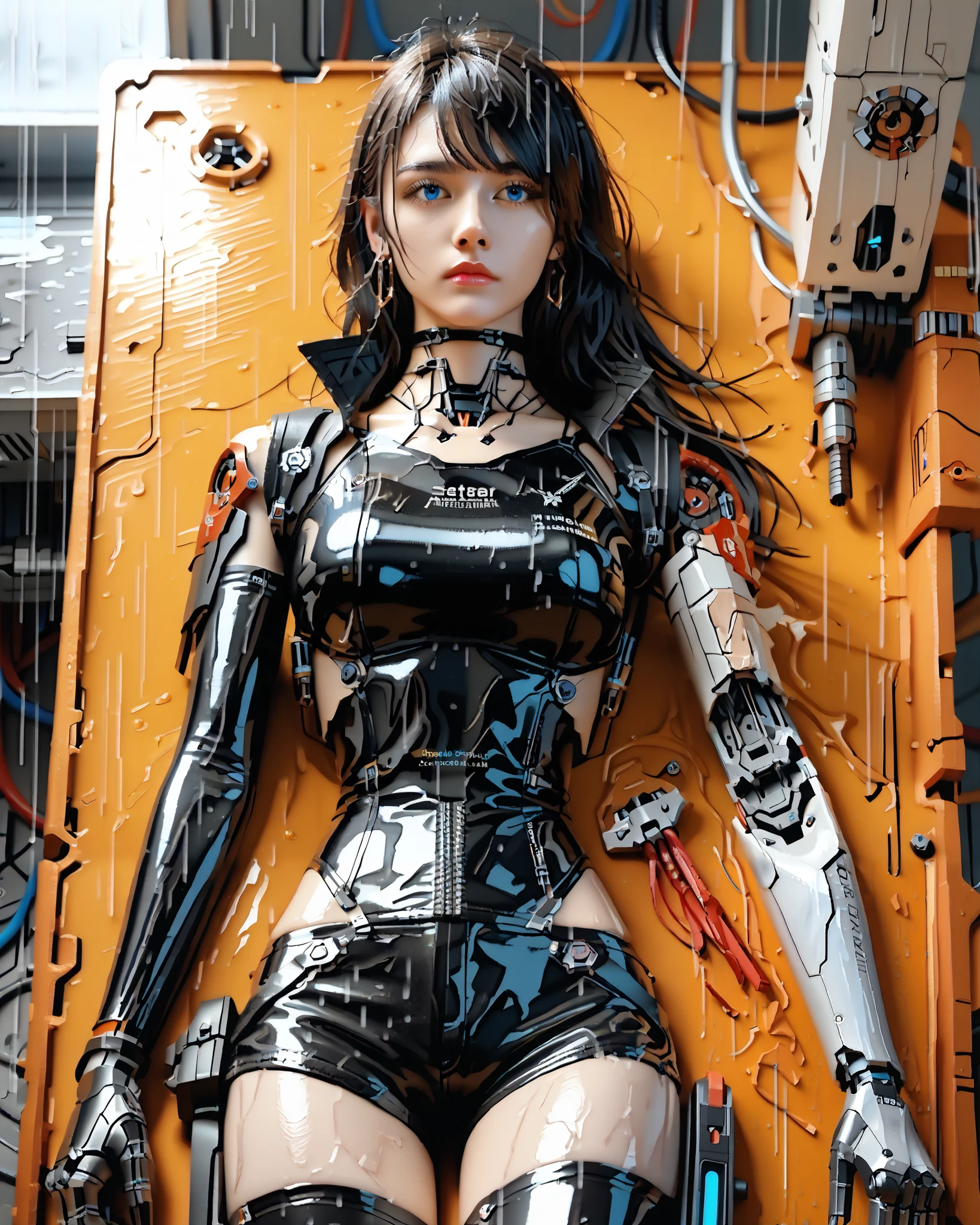 (((masterpiece))), (realism, realism texture, (science fiction, distant future), (top Quality, High Quality, top resolution, high resolution, (ultra detailed, high detailed))), (beautiful wetting latex racing model robot girl:1.4), (she is incredible machine:1.4), (beautiful face), (thin lips, wide mouth), blue lighting eyes, (polished short shorts:1.6), (robot armor:1.4), machine frame, (black metallic latex cropped jacket:1.2), (steel knee-high greaves, (mechanical hands)), (robot joint:1.3), (robot neck joint:1.6), ((damaged machine parts, electronic component, complete parts), (severed arm:1.7), straight hair, Expressionless face, (cowboy shot:1.5), (closed mouth), (rainy abandoned laboratory), (Mechanical Gun Holster:1.3), (hold a gun:1.3), (lying sprawled out, from above)