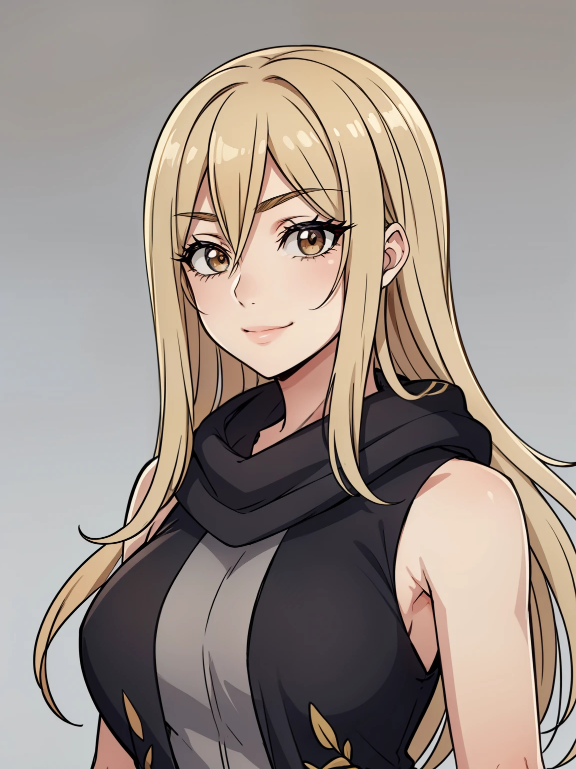 (high-quality, breathtaking),(expressive eyes, perfect face) 1girl, female, solo, blonde hair, long hair length, brown eyes, cute smile, positive expresion, grey background, portrait, symmetrical eyes, adult, busty, tall, cloak, dress, sleeveless, MAIN_QueenMarika_ownwaifu, upper body, queen vibe, mature, elegent, stylized hairstyle,