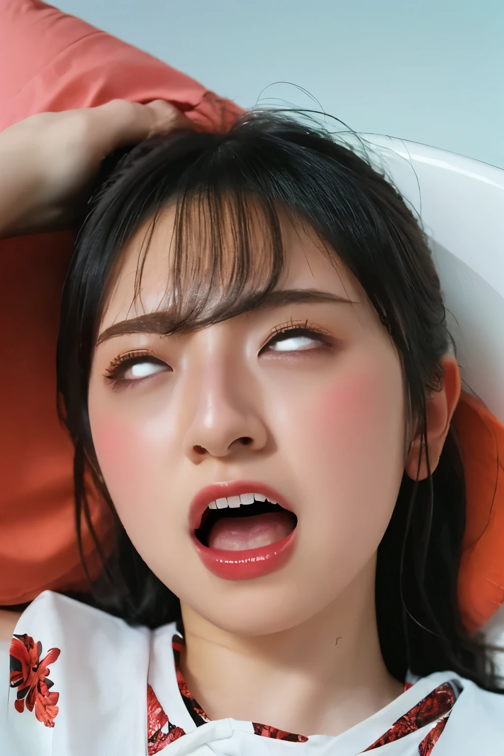 Close-up of face, (She is lying on her back:1.5), ( top quality, masterpiece:1.2), highly detailed , high res, 8k Wallpaper, perfect dynamic composition, Eyes with Attention to Details , summer trend fashion, open mouth, She squints her eyes, (orgasm face:1.5), (Woman with open mouth and narrowed eyes: 1.1), 20 years old, cute Japanese woman, sexy style , Tokyo , camera sexy shot, summer fashion ,Summer clothes, see-through