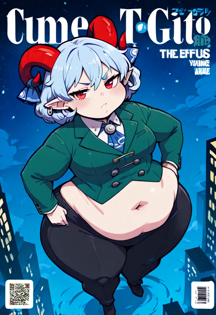 ((best quality, 4k, 8k, anime bishoujo, one girl, masterpiece), ((((beautiful extremely detailed face)))), (detailed eyes), red eyes, natural lighting, ((giantess, GTS, taller than a building, battle pose,)), ((yuuma toutetsu, yuuma)), (wavy hair, short hair, light blue hair, curved red horns), (((green business suit, skirt, green double breasted suit, long pants, black pants))), ((flat breasts, small breasts, ((SSBBW)), chubby, colossal hips, blimphips, colossal thighs, blimpthighs, ((extremely wide waist, belly fat)), )), natural lighting, ((detailed background, night sky, city lights, miniture city, greenery)), (high angle, tilted angle), (magazine cover, fake magazine cover, cover, fake cover, price, cover page, text focus, barcode, content rating, dated,),