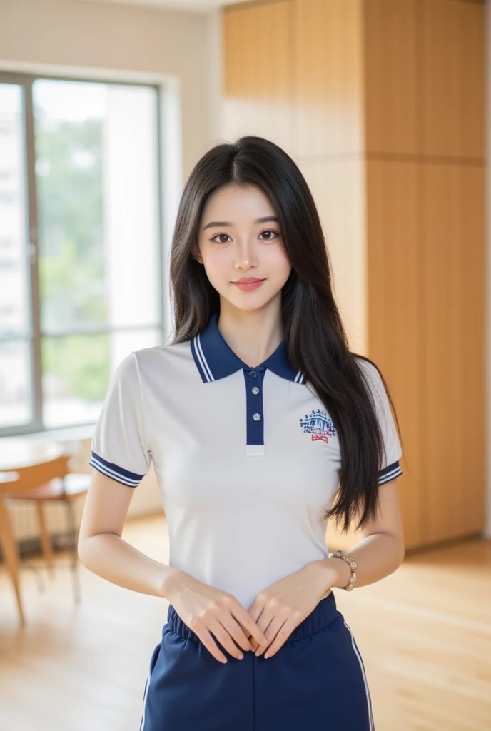 Japanese、high school student、Beauty、Facing forward、Kind eyes、Smiling Kindly、Wearing a navy blue short-sleeved polo shirt、She is wearing a tight grey mini skirt、