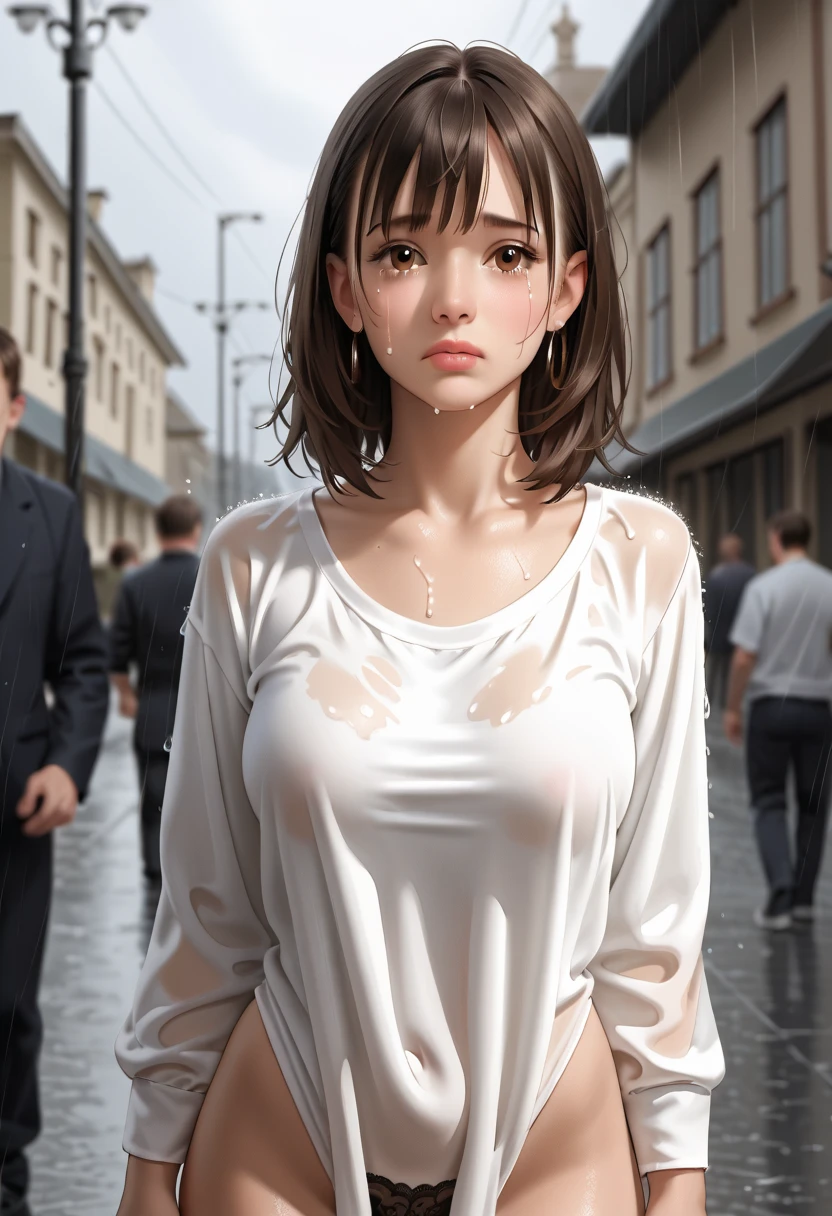 a white woman of 35 years average body, dark brown hair and short size, full breasts, wet white T-shirt, realistic, intricate details --auto --s2