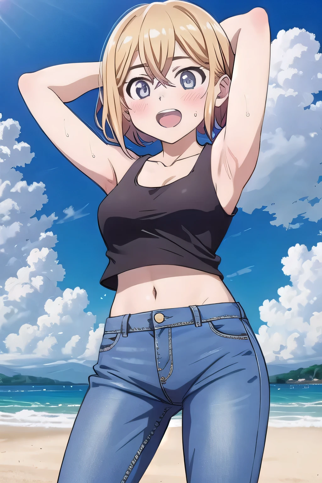 masterpiece,best quality,ultra detail, ((Perfect Face, Perfect Arms, Perfect hands, Perfect Fingers)), 1girl, , peti ((round face, ecstasy, orgasm face, drooping eyes, shame smiling, blush)), dropping eyes, sleepy, Open mouth, ((White teeth)), background((under the beach, (day:1.2), bright sky)), mami nanami, short hair, aqua eyes, blonde hair, hair between eyes, ((arms behind head, hands behind head, fingers behind head)), ((contrapposto)), spread armpits, looking at viewer,, (white tank top:1.2), (white crop top:1.2), (jeans pants:1.2, flares jeans:1.2, skinny jeans:1.2, blue jeans:1.2), standing, (legs spread:1.4), sex pose, Sweaty crotch, Steam from the crotch, from below, whole body