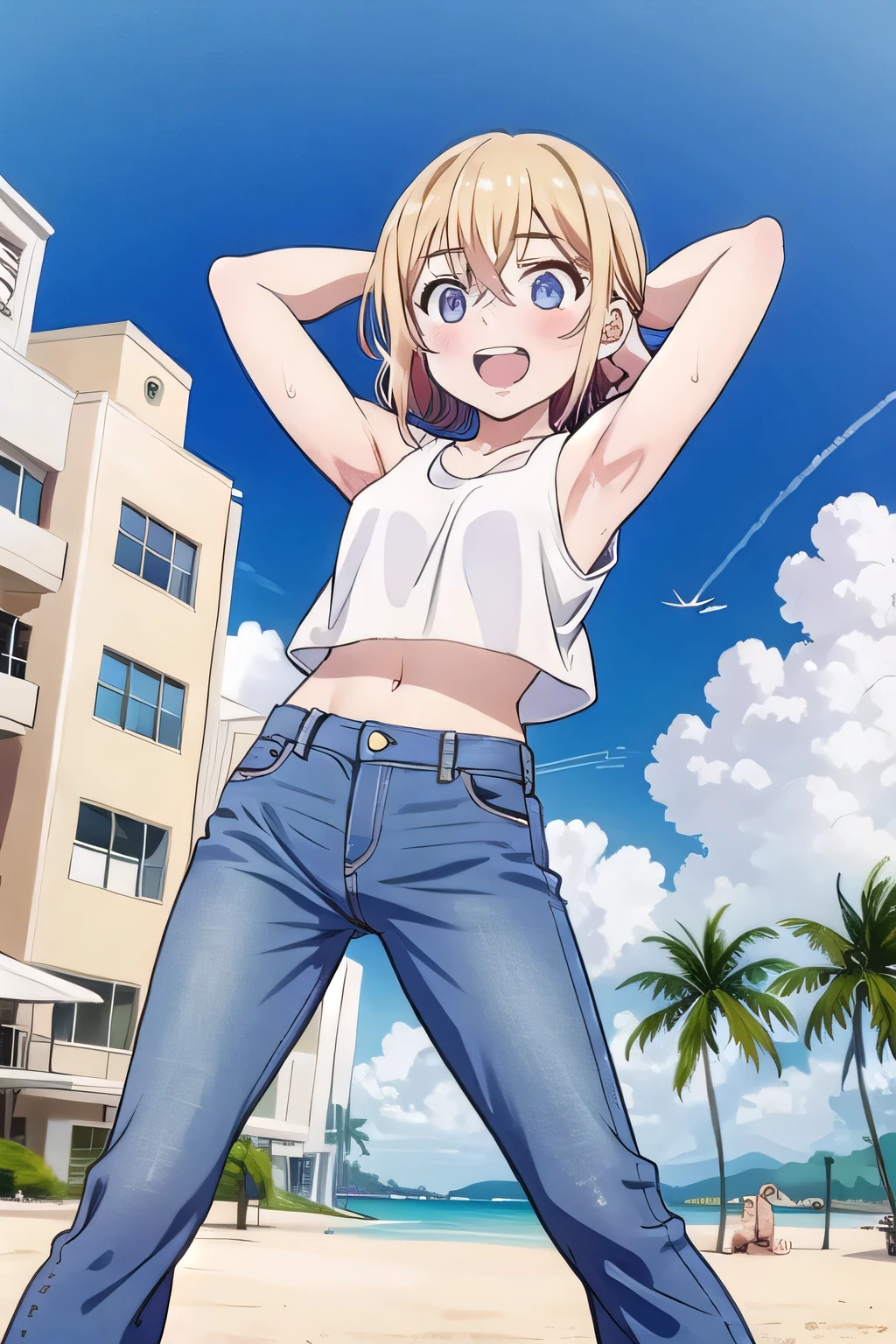 masterpiece,best quality,ultra detail, ((Perfect Face, Perfect Arms, Perfect hands, Perfect Fingers)), 1girl, , petite, ((round face, ecstasy, orgasm face, drooping eyes, shame smiling, blush)), dropping eyes, sleepy, Open mouth, ((White teeth)), background((under the beach, (day:1.2), bright sky)), mami nanami, short hair, aqua eyes, blonde hair, hair between eyes, ((arms behind head, hands behind head, fingers behind head)), ((contrapposto)), spread armpits, looking at viewer,, (white tank top:1.2), (white crop top:1.2), (jeans pants:1.2, flares jeans:1.2, skinny jeans:1.2, blue jeans:1.2), standing, (legs spread:1.4), sex pose, Sweaty crotch, Steam from the crotch, from below, whole body