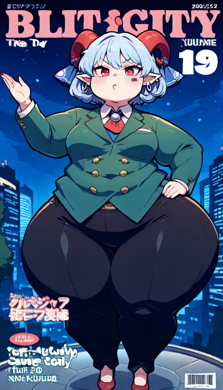 ((best quality, 4k, 8k, anime bishoujo, one girl, masterpiece), ((((beautiful extremely detailed face)))), (detailed eyes), red eyes, natural lighting, ((giantess, GTS, taller than a building, battle pose,)), ((yuuma toutetsu, yuuma)), (wavy hair, short hair, light blue hair, curved red horns), (((green business suit, skirt, green double breasted suit, long pants, black pants))), ((flat breasts, small breasts, ((SSBBW)), chubby, colossal hips, blimphips, colossal thighs, blimpthighs, ((extremely wide waist, belly fat)), )), natural lighting, ((detailed background, night sky, city lights, miniture city, greenery)), (high angle, tilted angle), (magazine cover, fake magazine cover, cover, fake cover, price, cover page, text focus, barcode, content rating, dated,),