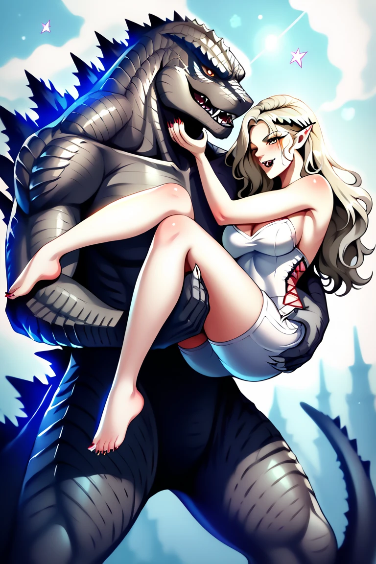 big massive dragon with strong muscles, pretty human blonde girl, hugging, cudding, human on anthro, nude, (duo, hetero), (detailed eyes, detailed face,), size difference, (male big than female), looking at partner, hi res, close pic