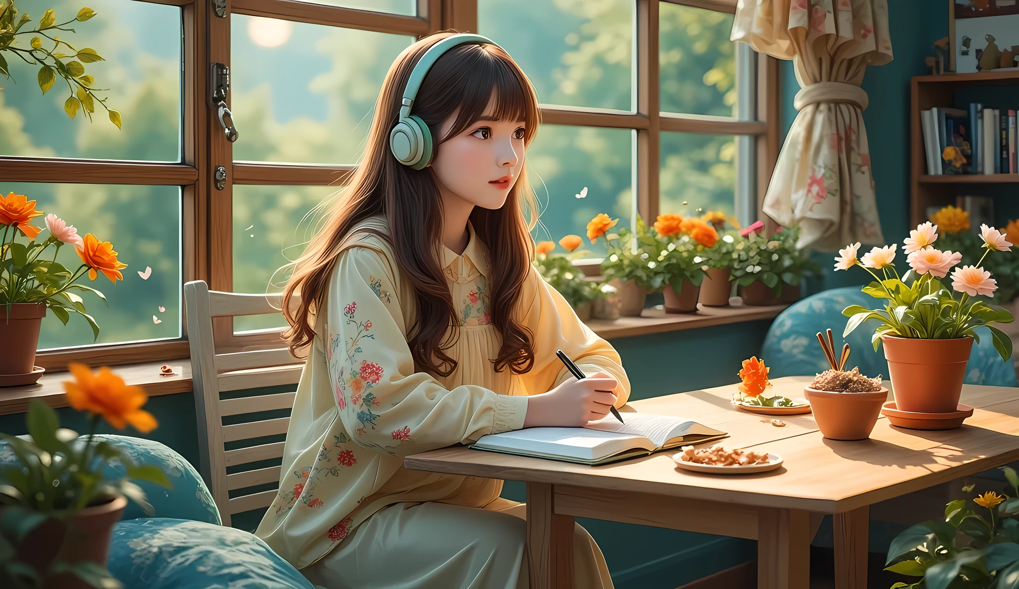 (masterpiece),(High quality), best quality,Reality,(Reality),ultra detail,(Full details ),(4K,8k,indoor,table,sofa,Potted plants,chair, a girl studying, wearing headphones ,Wide-angle lens,window,ground,Quilt,Pillow,Night view,large glass window
