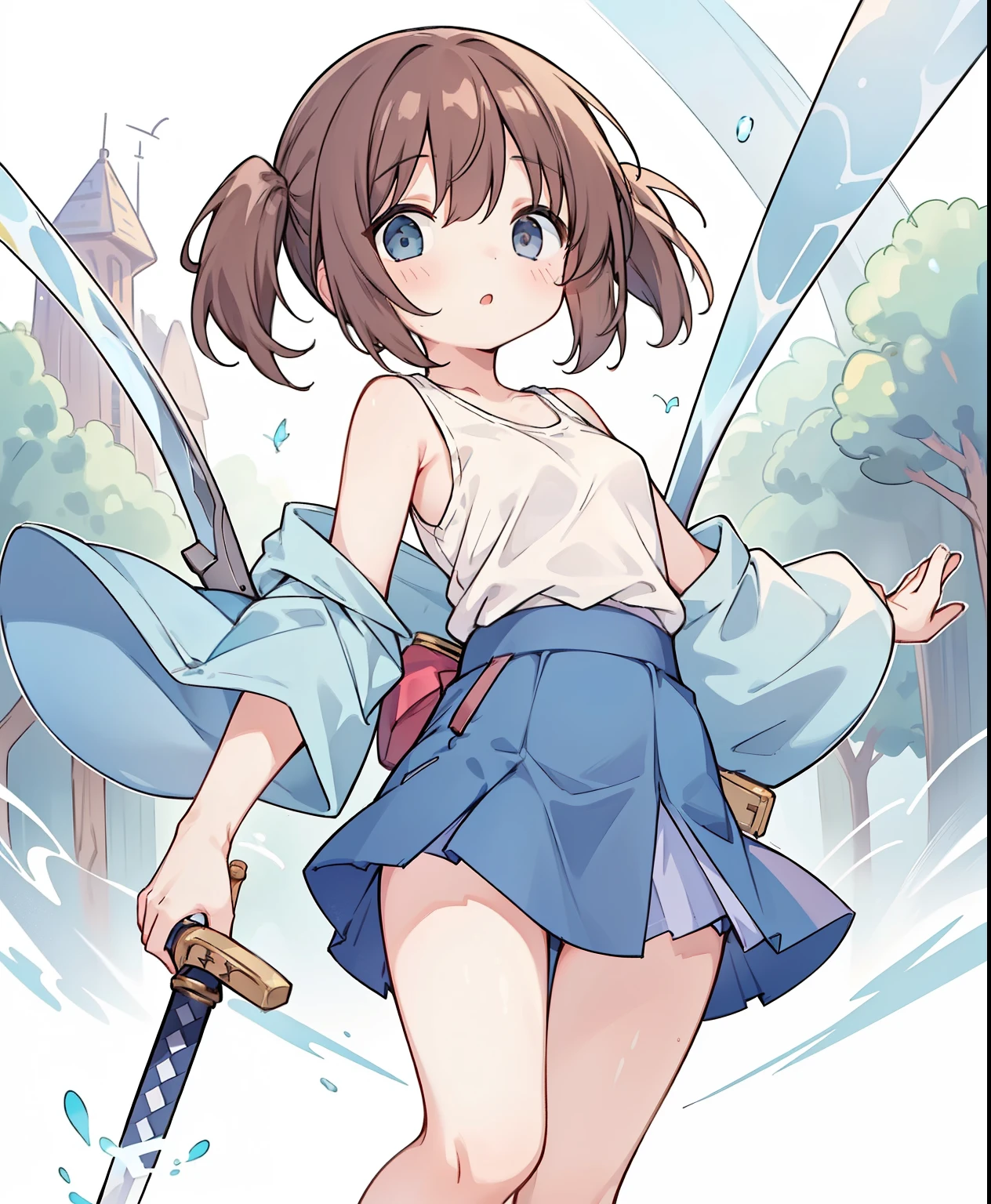 ( masterpiece、Highest品質、Highest品質、OFFICIAL ART、 beautiful and beautiful :1.2)、(one girl:1.3)、twin tails,beautiful breasts,(((SFW、sound、Highest quality、 first class masterpiece 、 Normal body 、8k、 detailed face、 super precise、 real color 、Normal refer to、5refer to、Highest)))、 beautiful girl、brown hair on both arms、 bob cut 、slender、 low length 、 thin legs、Blue short sleeve shirt、White Tank Top、 tank top 、blue mini skirt、 A painting of a woman wearing a kimono holding a sword 、 Fluttering Skirt