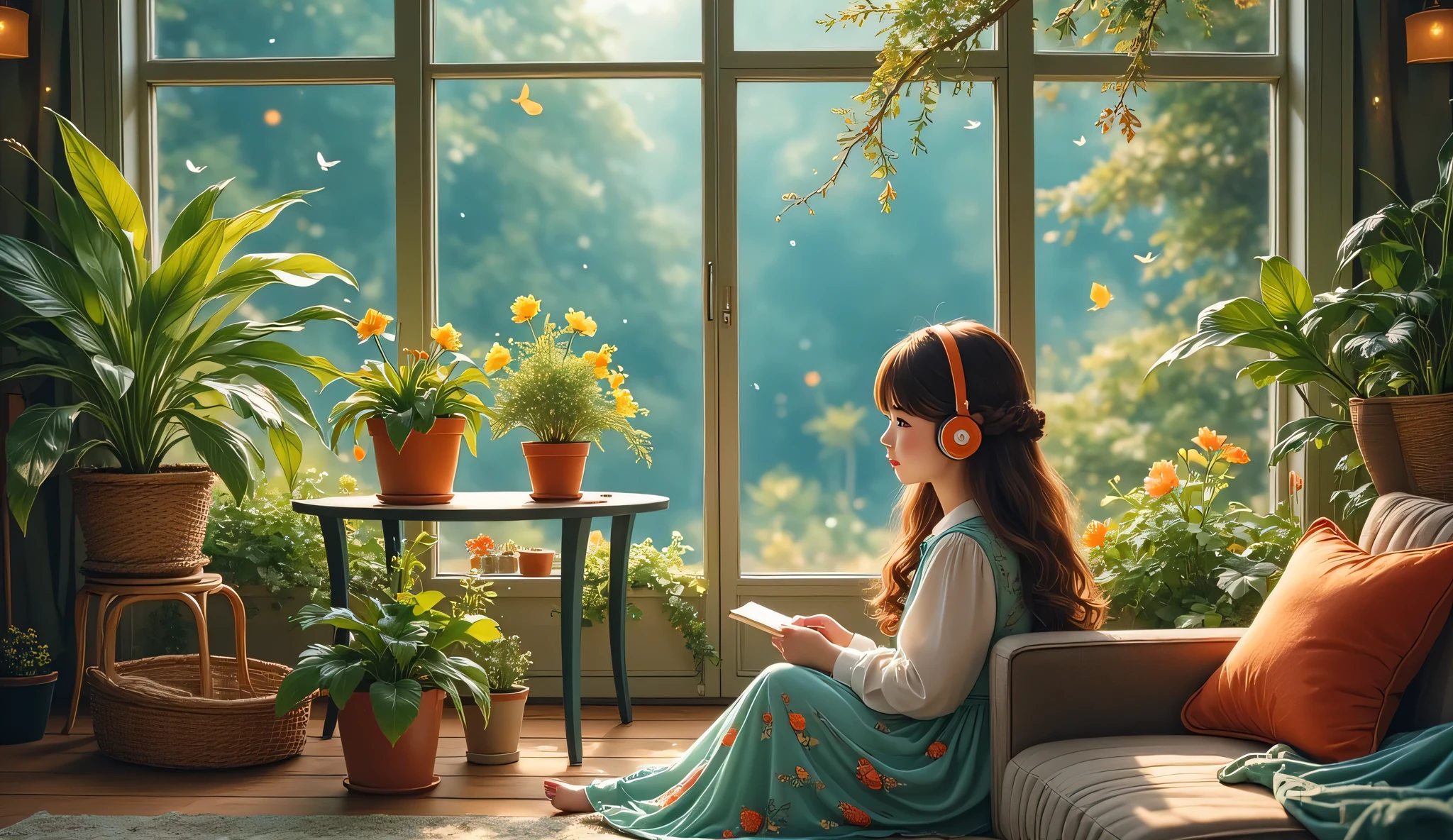 (masterpiece),(High quality), best quality,Reality,(Reality),ultra detail,(Full details ),(4K,8k,indoor,table,sofa,Potted plants,chair, a girl studying, wearing headphones ,Wide-angle lens,window,ground,Quilt,Pillow,Night view,large glass window