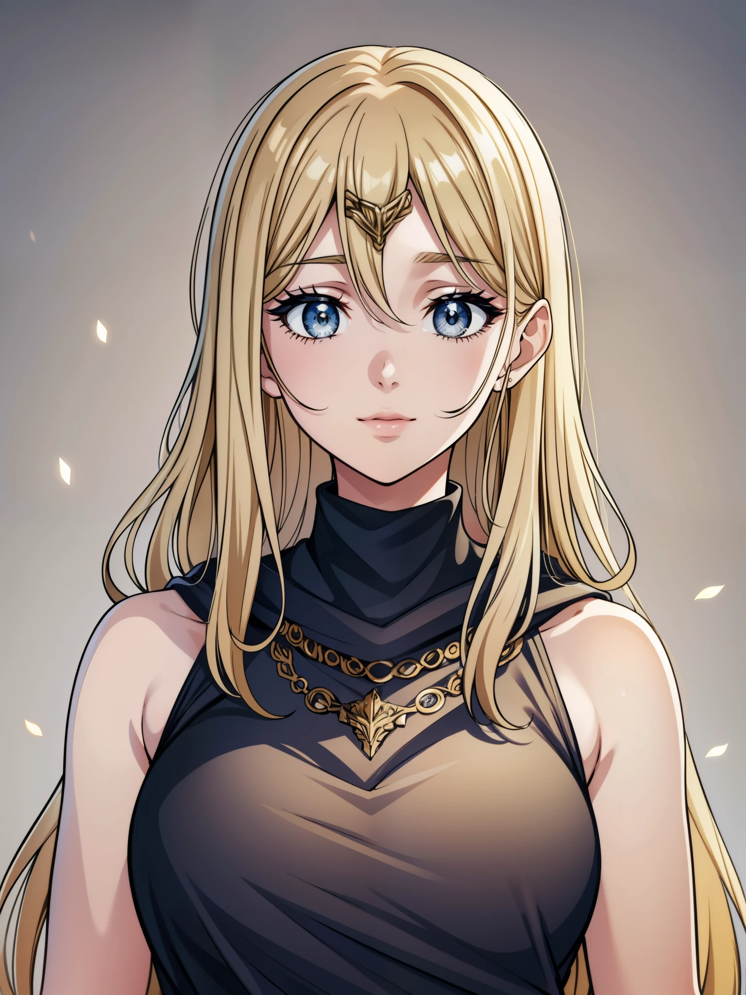 (high-quality, breathtaking),(expressive eyes, perfect face) 1girl, female, solo, blonde hair, long hair length, brown eyes, cute smile, positive expresion, grey background, portrait, symmetrical eyes, adult, busty, tall, cloak, dress, sleeveless, MAIN_QueenMarika_ownwaifu, upper body, queen vibe, mature, elegent, stylized hairstyle,