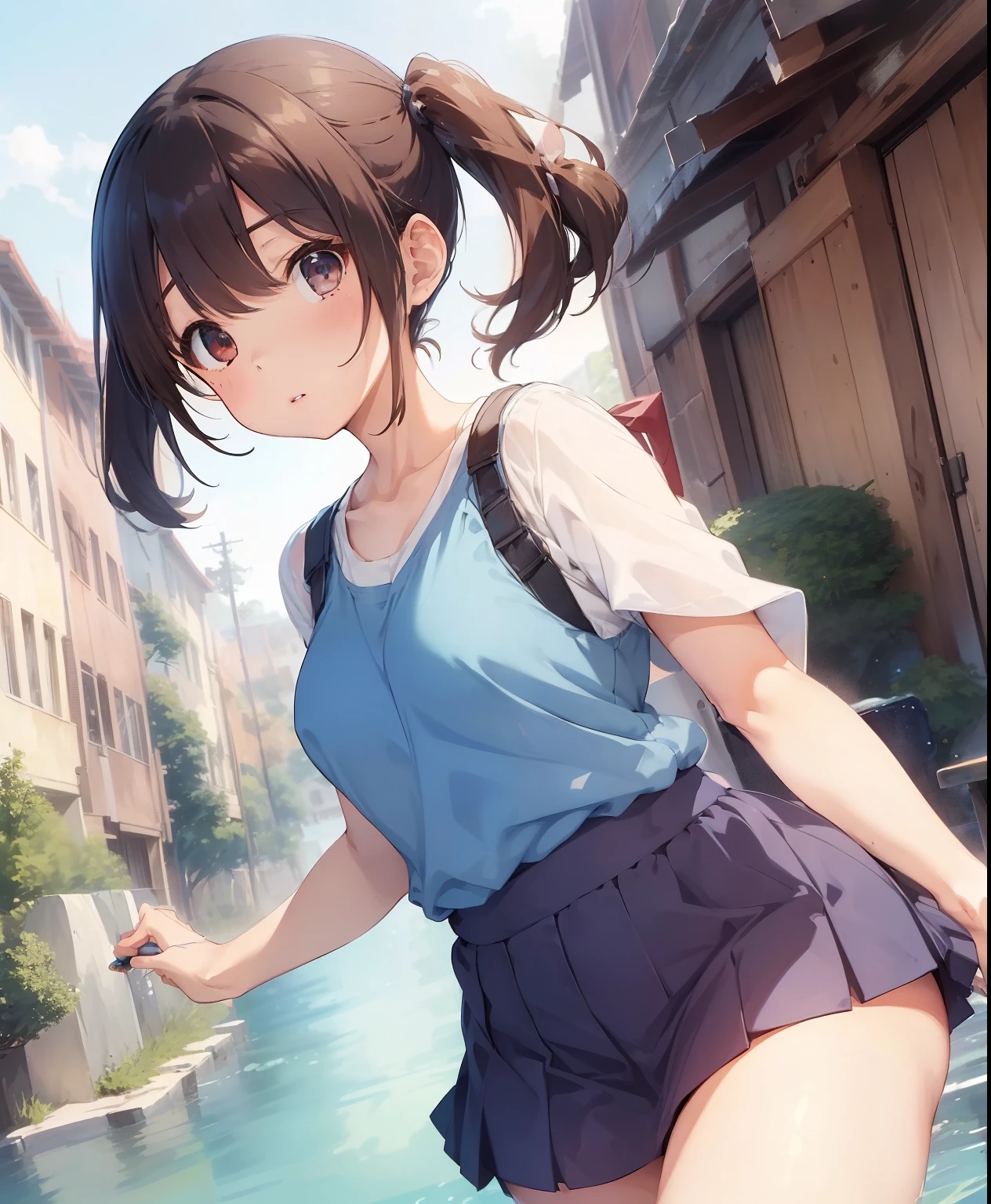 ( masterpiece、Highest品質、Highest品質、OFFICIAL ART、 beautiful and beautiful :1.2)、(one girl:1.3)、twin tails,beautiful breasts,(((SFW、sound、Highest quality、 first class masterpiece 、 Normal body 、8k、 detailed face、 super precise、 real color 、Normal refer to、5refer to、Highest)))、 beautiful girl、brown hair on both arms、 bob cut 、slender、 low length 、 thin legs、Blue short sleeve shirt、White Tank Top、 tank top 、blue mini skirt、 A painting of a woman wearing a kimono holding a sword 、 Fluttering Skirt