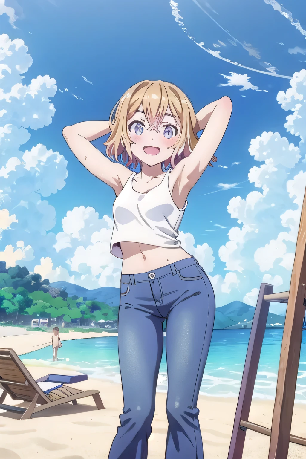 masterpiece,best quality,ultra detail, ((Perfect Face, Perfect Arms, Perfect hands, Perfect Fingers)), 1girl, , petite, ((round face, ecstasy, orgasm face, drooping eyes, shame smiling, blush)), dropping eyes, sleepy, Open mouth, ((White teeth)), background((under the beach, (day:1.2), bright sky)), mami nanami, short hair, aqua eyes, blonde hair, hair between eyes, ((arms behind head, hands behind head, fingers behind head)), ((contrapposto)), spread armpits, looking at viewer,, (white tank top:1.2), (white crop top:1.2), (jeans pants:1.2, flares jeans:1.2, skinny jeans:1.2, blue jeans:1.2), standing, (legs spread:1.4), sex pose, Sweaty crotch, Steam from the crotch, from below, whole body