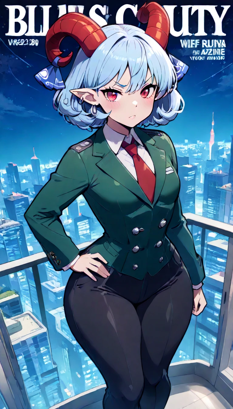((best quality, 4k, 8k, anime bishoujo, one girl, masterpiece), ((((beautiful extremely detailed face)))), (detailed eyes), red eyes, natural lighting, ((giantess, GTS, taller than a building, battle pose,)), ((yuuma toutetsu, yuuma)), (wavy hair, short hair, light blue hair, curved red horns), (((green business suit, skirt, green double breasted suit, long pants, black pants))), ((flat breasts, small breasts, ((SSBBW)), chubby, colossal hips, blimphips, colossal thighs, blimpthighs, extremely wide waist, hyperpreg)), natural lighting, ((detailed background, night sky, city lights, miniture city, greenery)), (high angle, tilted angle), (magazine cover, fake magazine cover, cover, fake cover, price, cover page, text focus, barcode, content rating, dated,),
