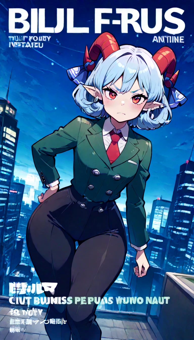 ((best quality, 4k, 8k, anime bishoujo, one girl, masterpiece), ((((beautiful extremely detailed face)))), (detailed eyes), red eyes, natural lighting, ((giantess, GTS, taller than a building, battle pose,)), ((yuuma toutetsu, yuuma)), (wavy hair, short hair, light blue hair, curved red horns), (((green business suit, skirt, green double breasted suit, long pants, black pants))), ((flat breasts, small breasts, ((SSBBW)), chubby, colossal hips, blimphips, colossal thighs, blimpthighs, extremely wide waist, hyperpreg)), natural lighting, ((detailed background, night sky, city lights, miniture city, greenery)), (high angle, tilted angle), (magazine cover, fake magazine cover, cover, fake cover, price, cover page, text focus, barcode, content rating, dated,),