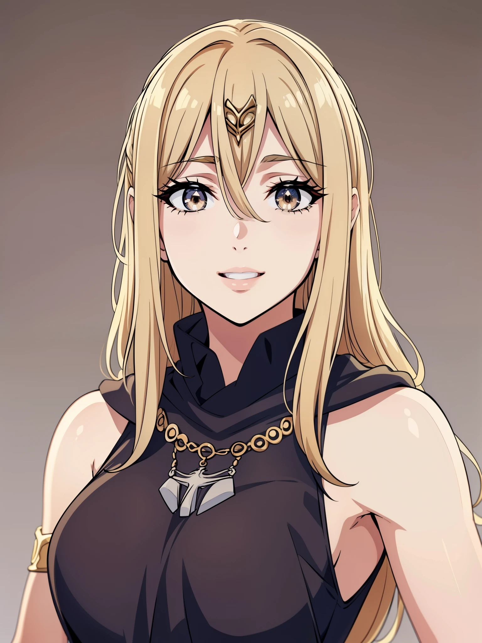 (high-quality, breathtaking),(expressive eyes, perfect face) 1girl, female, solo, blonde hair, long hair length, brown eyes, cute smile, positive expresion, grey background, portrait, symmetrical eyes, adult, busty, tall, cloak, dress, sleeveless, MAIN_QueenMarika_ownwaifu, upper body, queen vibe, mature, elegent, stylized hairstyle,