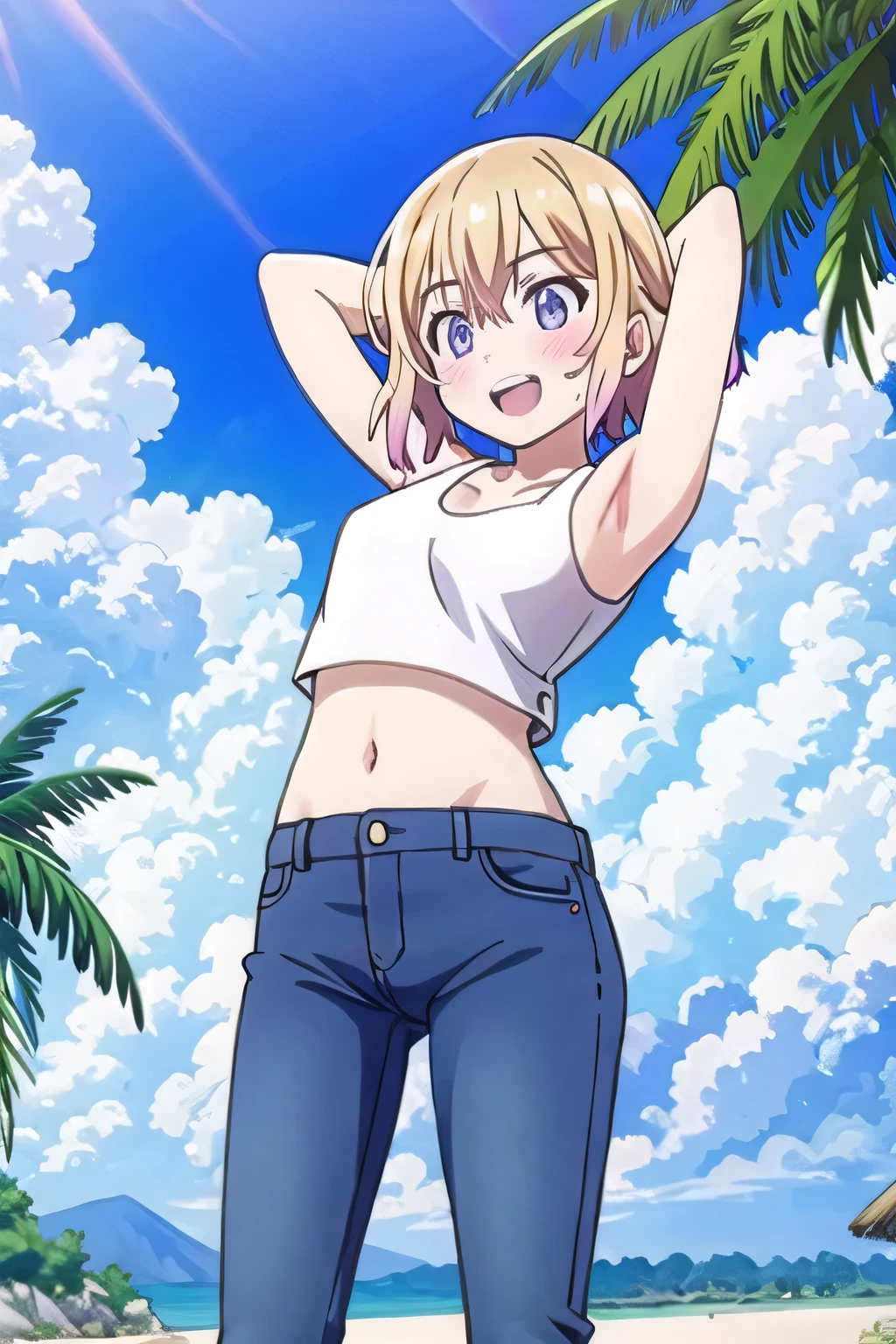 masterpiece,best quality,ultra detail, ((Perfect Face, Perfect Arms, Perfect hands, Perfect Fingers)), 1girl, , petite, ((round face, ecstasy, orgasm face, drooping eyes, shame smiling, blush)), dropping eyes, sleepy, Open mouth, ((White teeth)), background((under the beach, (day:1.2), bright sky)), mami nanami, short hair, aqua eyes, blonde hair, hair between eyes, ((arms behind head, hands behind head, fingers behind head)), ((contrapposto)), spread armpits, looking at viewer,, (white tank top:1.2), (white crop top:1.2), (jeans pants:1.2, flares jeans:1.2, skinny jeans:1.2, blue jeans:1.2), standing, (legs spread:1.4), sex pose, Sweaty crotch, Steam from the crotch, from below, whole body