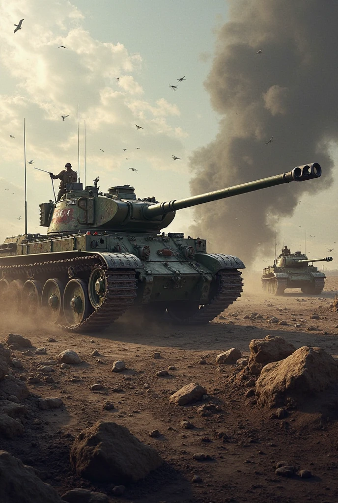 Create an image where historical WW2 tanks appear in the middle as a reference to the War Thunder game with their crew members, all this in the middle of a battle.