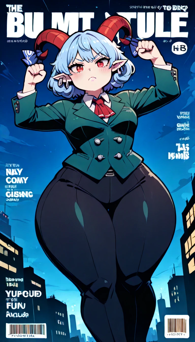 ((best quality, 4k, 8k, anime bishoujo, one girl, masterpiece), ((((beautiful extremely detailed face)))), (detailed eyes), red eyes, natural lighting, ((giantess, GTS, taller than a building, battle pose,)), ((yuuma toutetsu, yuuma)), (wavy hair, short hair, light blue hair, curved red horns), (((green business suit, skirt, green double breasted suit, long pants, black pants))), ((flat breasts, small breasts, SSBBW, chubby, colossal hips, blimphips, colossal thighs, blimpthighs, extremely wide waist)), natural lighting, ((detailed background, night sky, city lights, miniture city, greenery)), (high angle, tilted angle), (magazine cover, fake magazine cover, cover, fake cover, price, cover page, text focus, barcode, content rating, dated,),