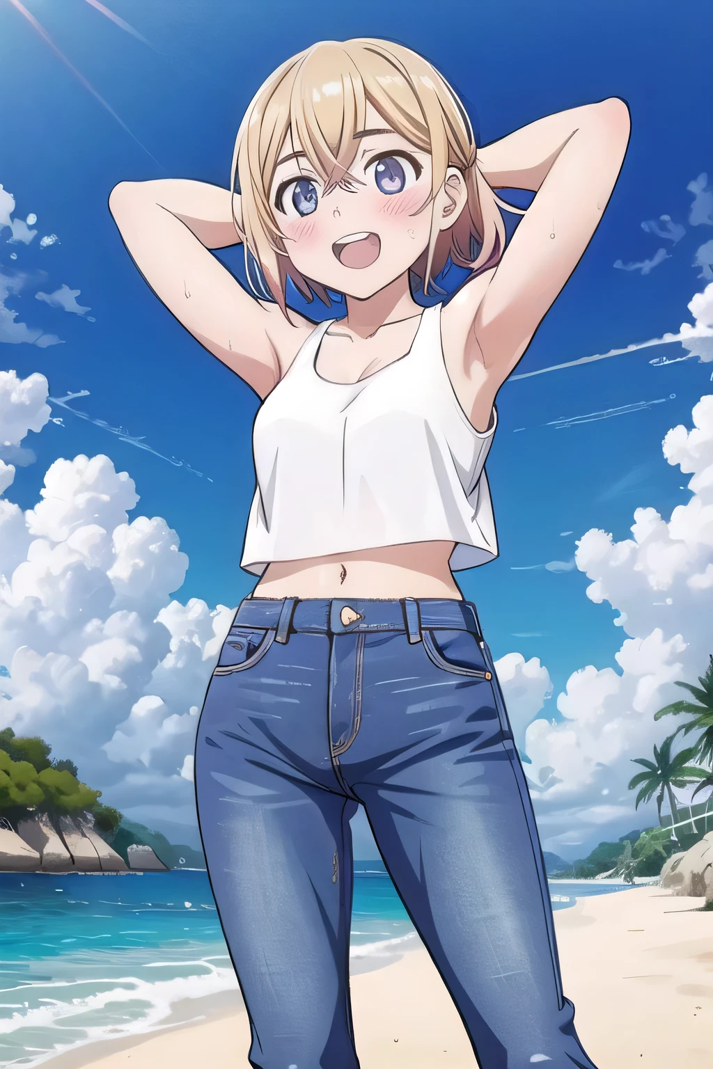 masterpiece,best quality,ultra detail, ((Perfect Face, Perfect Arms, Perfect hands, Perfect Fingers)), 1girl, , peti ((round face, ecstasy, orgasm face, drooping eyes, shame smiling, blush)), dropping eyes, sleepy, Open mouth, ((White teeth)), background((under the beach, (day:1.2), bright sky)), mami nanami, short hair, aqua eyes, blonde hair, hair between eyes, ((arms behind head, hands behind head, fingers behind head)), ((contrapposto)), spread armpits, looking at viewer,, (white tank top:1.2), (white crop top:1.2), (jeans pants:1.2, flares jeans:1.2, skinny jeans:1.2, blue jeans:1.2), standing, (legs spread:1.4), sex pose, Sweaty crotch, Steam from the crotch, from below, whole body