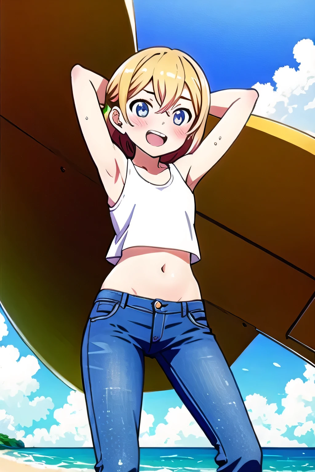 masterpiece,best quality,ultra detail, ((Perfect Face, Perfect Arms, Perfect hands, Perfect Fingers)), 1girl, , peti ((round face, ecstasy, orgasm face, drooping eyes, shame smiling, blush)), dropping eyes, sleepy, Open mouth, ((White teeth)), background((under the beach, (day:1.2), bright sky)), mami nanami, short hair, aqua eyes, blonde hair, hair between eyes, ((arms behind head, hands behind head, fingers behind head)), ((contrapposto)), spread armpits, looking at viewer,, (white tank top:1.2), (white crop top:1.2), (jeans pants:1.2, flares jeans:1.2, skinny jeans:1.2, blue jeans:1.2), standing, (legs spread:1.4), sex pose, Sweaty crotch, Steam from the crotch, from below, whole body