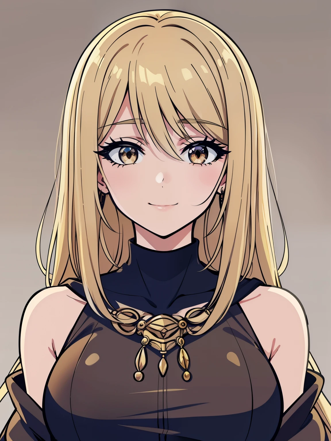 (high-quality, breathtaking),(expressive eyes, perfect face) 1girl, female, solo, blonde hair, long hair length, brown eyes, cute smile, positive expresion, grey background, portrait, symmetrical eyes, adult, busty, tall, cloak, dress, sleeveless, MAIN_QueenMarika_ownwaifu, upper body, queen vibe, mature, elegent, stylized hairstyle,