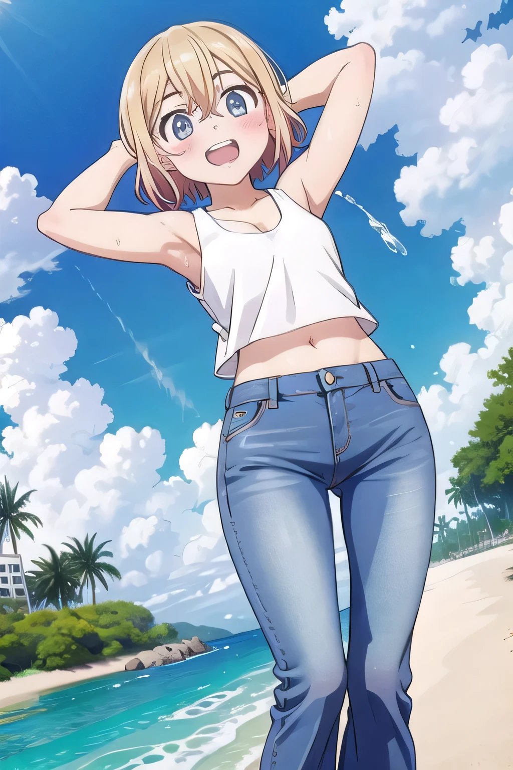 masterpiece,best quality,ultra detail, ((Perfect Face, Perfect Arms, Perfect hands, Perfect Fingers)), 1girl, , peti ((round face, ecstasy, orgasm face, drooping eyes, shame smiling, blush)), dropping eyes, sleepy, Open mouth, ((White teeth)), background((under the beach, (day:1.2), bright sky)), mami nanami, short hair, aqua eyes, blonde hair, hair between eyes, ((arms behind head, hands behind head, fingers behind head)), ((contrapposto)), spread armpits, looking at viewer,, (white tank top:1.2), (white crop top:1.2), (jeans pants:1.2, flares jeans:1.2, skinny jeans:1.2, blue jeans:1.2), standing, (legs spread:1.4), sex pose, Sweaty crotch, Steam from the crotch, from below, whole body
