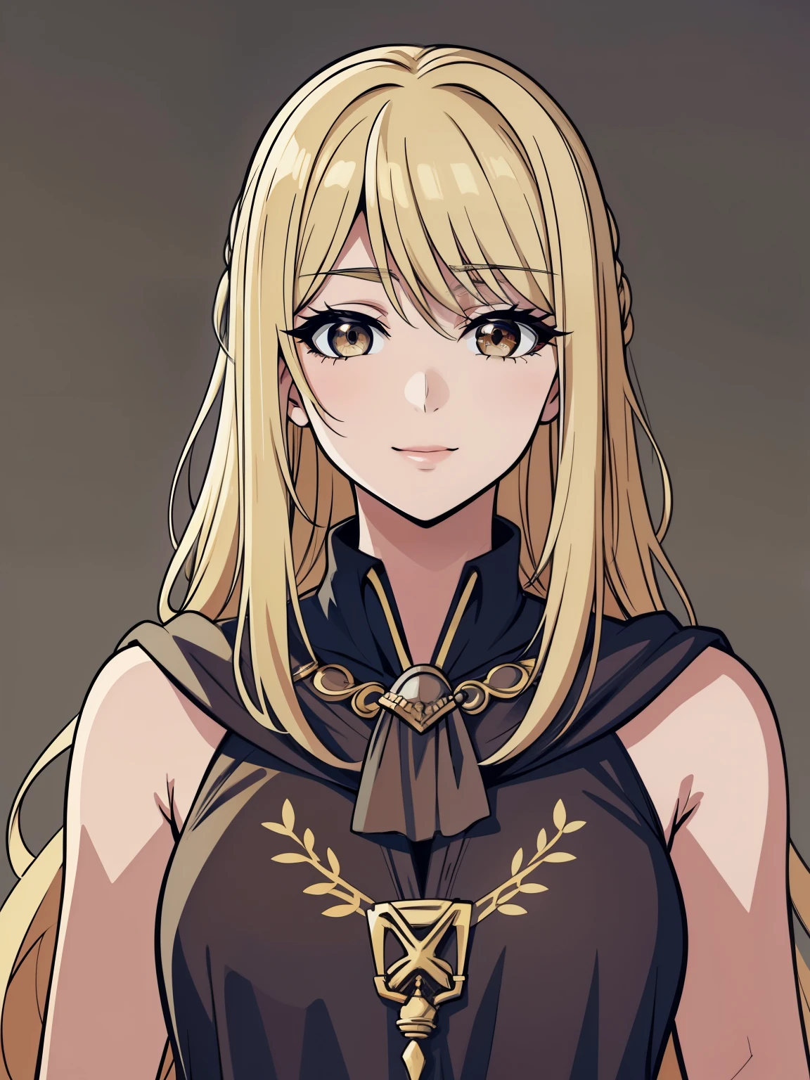 (high-quality, breathtaking),(expressive eyes, perfect face) 1girl, female, solo, blonde hair, long hair length, brown eyes, cute smile, positive expresion, grey background, portrait, symmetrical eyes, adult, busty, tall, cloak, dress, sleeveless, MAIN_QueenMarika_ownwaifu, upper body, queen vibe, mature, elegent, stylized hairstyle, half open eyes