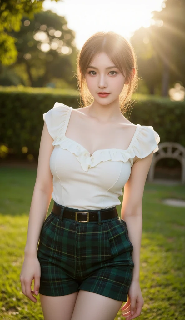 ((best quality)), ((masterpiece)), ((wear shirt)), ((standing near garden)), (detailed),"Generate an ultra-realistic, high-resolution headshot of a 21-year-old woman with a green skirt that accentuates her curves. with cleavage,((smiling)),((leaning forward))