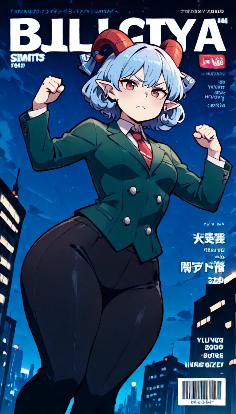 ((best quality, 4k, 8k, anime bishoujo, one girl, masterpiece), ((((beautiful extremely detailed face)))), (detailed eyes), red eyes, natural lighting, ((giantess, GTS, taller than a building, battle pose,)), ((yuuma toutetsu, yuuma)), (wavy hair, short hair, light blue hair, curved red horns), (((green business suit, skirt, green double breasted suit, long pants, black pants))), ((flat breasts, small breasts, SSBBW, chubby, colossal hips, blimphips, colossal thighs, blimpthighs, extremely wide waist)), natural lighting, ((detailed background, night sky, city lights, miniture city, greenery)), (high angle, tilted angle), (magazine cover, fake magazine cover, cover, fake cover, price, cover page, text focus, barcode, content rating, dated,),
