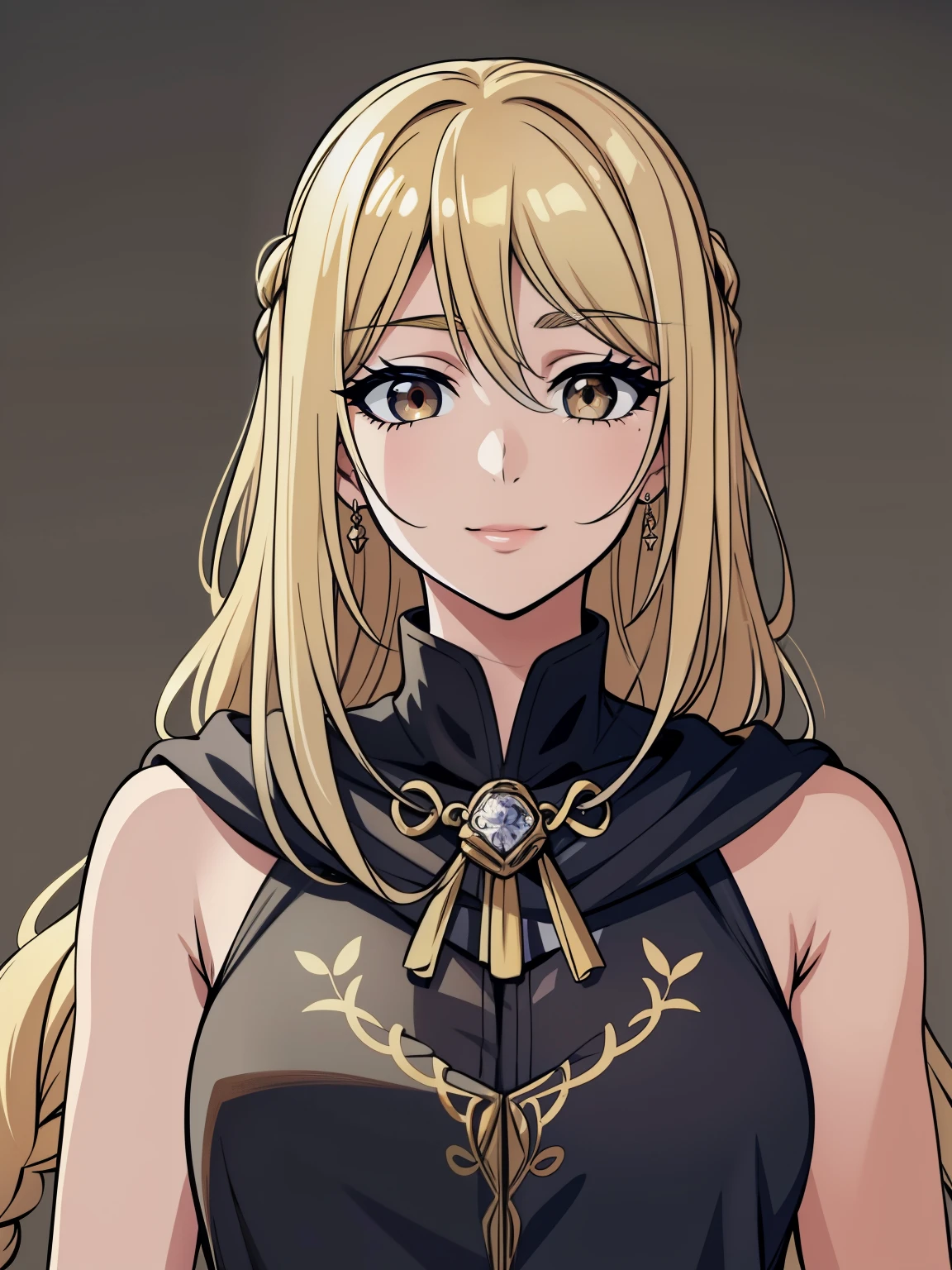 (high-quality, breathtaking),(expressive eyes, perfect face) 1girl, female, solo, blonde hair, long hair length, brown eyes, cute smile, positive expresion, grey background, portrait, symmetrical eyes, adult, busty, tall, cloak, dress, sleeveless, MAIN_QueenMarika_ownwaifu, upper body, queen vibe, mature, elegent, stylized hairstyle, half open eyes
