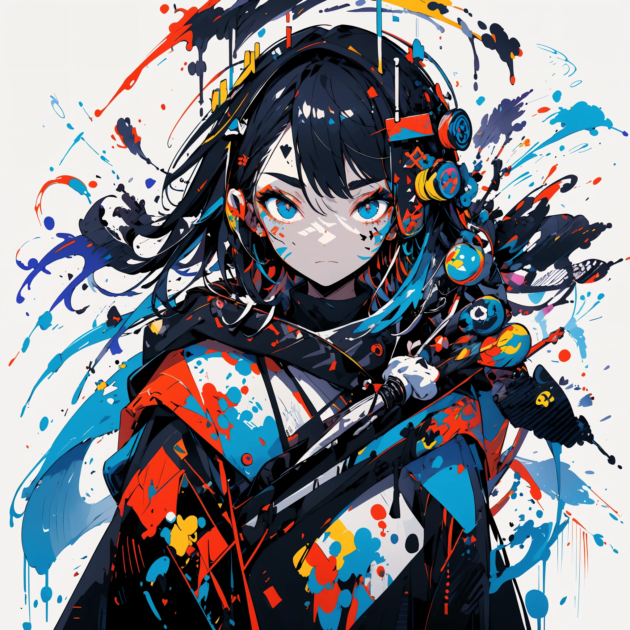 masterpiece, TOP QUALITY, female、Ninja, Black Robe。solo, (Doodle:1.5), paint splatter, , Body Paint, Head tilt, boredom, Colorful hair, light blue eyes, Headset On Head,rainbow、 splash 、colorful、 face paint