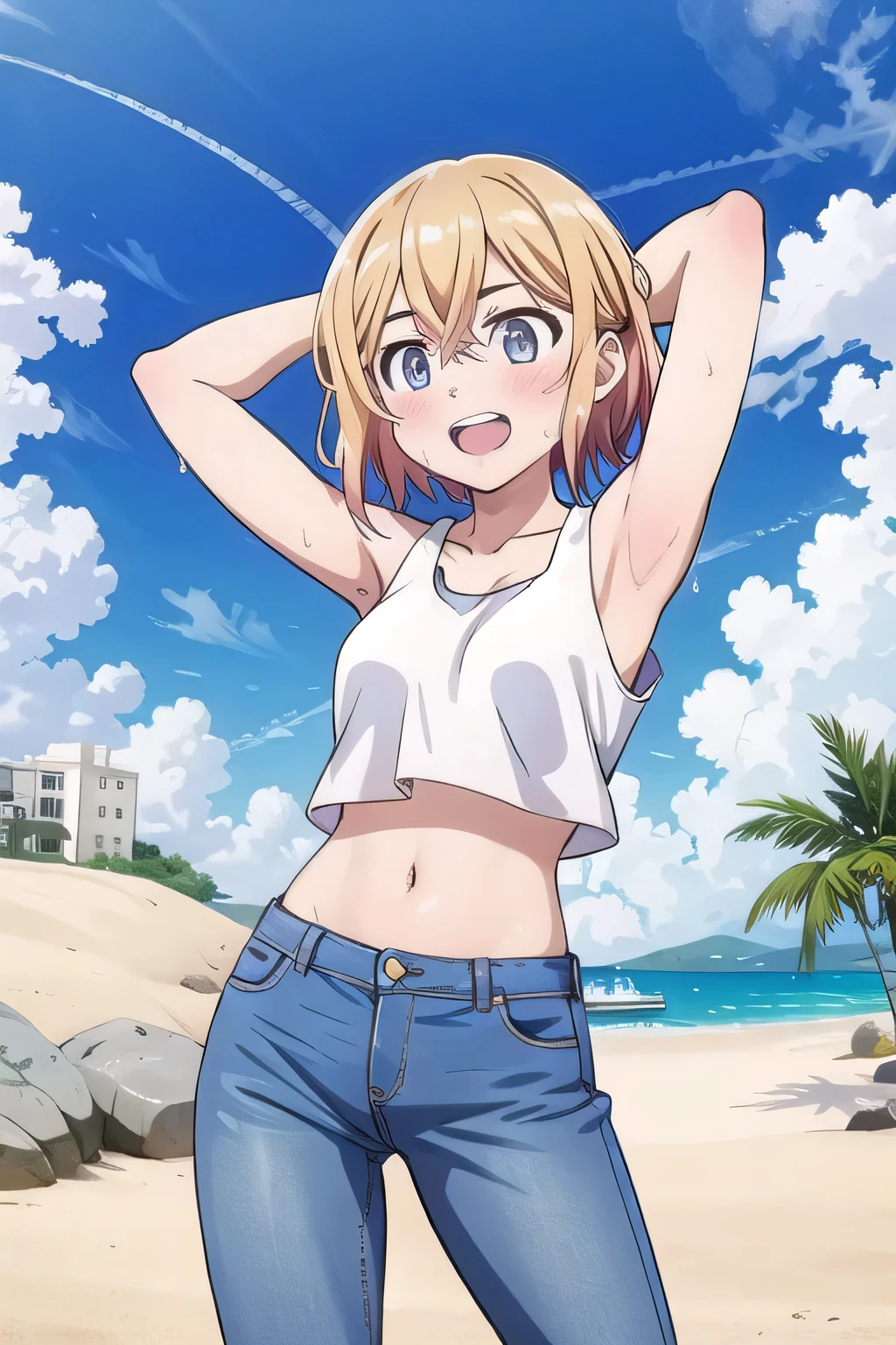 masterpiece,best quality,ultra detail, ((Perfect Face, Perfect Arms, Perfect hands, Perfect Fingers)), 1girl, , peti ((round face, ecstasy, orgasm face, drooping eyes, shame smiling, blush)), dropping eyes, sleepy, Open mouth, ((White teeth)), background((under the beach, (day:1.2), bright sky)), mami nanami, short hair, aqua eyes, blonde hair, hair between eyes, ((arms behind head, hands behind head, fingers behind head)), ((contrapposto)), spread armpits, looking at viewer,, (white tank top:1.2), (white crop top:1.2), (jeans pants:1.2, flares jeans:1.2, skinny jeans:1.2, blue jeans:1.2), standing, (legs spread:1.4), sex pose, Sweaty crotch, Steam from the crotch, from below, whole body