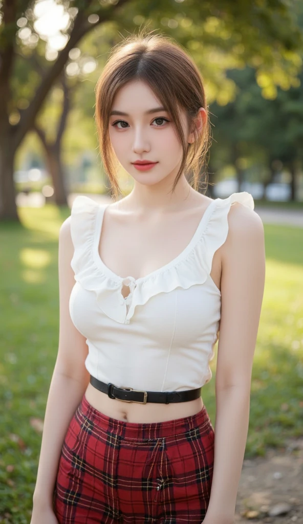 1 Japanese female, 30 years old, Very beautiful, (very cute), (Very detailed美しい顔), Great face and eyes,(Flower Hair Ornaments,Braided top knot,Twisted Side Part Ponytail Braided Headband,Half Up、Braided Space Van,Voluminous fishtail braid,Twisted pan),(Asymmetrical bangs),, My eyes got a little brighter, Dolly Makeup, (Loose-fitting see-through blouse(Cream:1.2))、(Micro Mini Skirt(Pink)), (highest quality:1.4), (Very detailed), Very detailed CG 統合 8k 壁紙, Surreal, (Photorealistic:1.4), Raw photo, Professional photography, Cinema Lighting, Realistic portraits, (Depth of written boundary:1.4), (View Photographer:1.3), (In a park with a pond),Glamorous Beauty、 (Large Breasts:1.2)、Cleavage、Voluptuous thighs、 (Whole Body Ezbian), Accurate Eyes, Beautiful mouth, (Keep your mouth completely closed), (evening:1.3), (Looking at the camera), (Amazing sunset:1.25), A smile that makes people happy、A photo showing you from head to knees、Her face is totally like Nishino Nanase