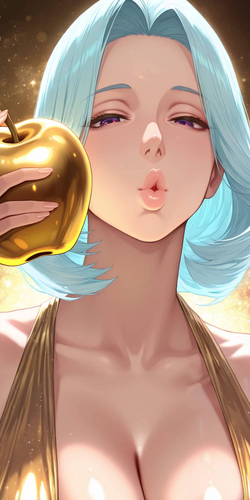 mature female, purple eyes, light blue hair, medium hair, parted bangs, straight hair, layered hair, golden dress, bare shoulders, plunging neckline, breasts, lips, extremely detailed eyes, looking at viewer, head tilt, puckered lips, abstract background, golden apple, holding food, glitter, golden color pallette, gold, face, nose, face focus, fair skin, milf, cleavage, upper body, close-up, below view, soft light, high detailed, best quality, detailed foreground, detailed background