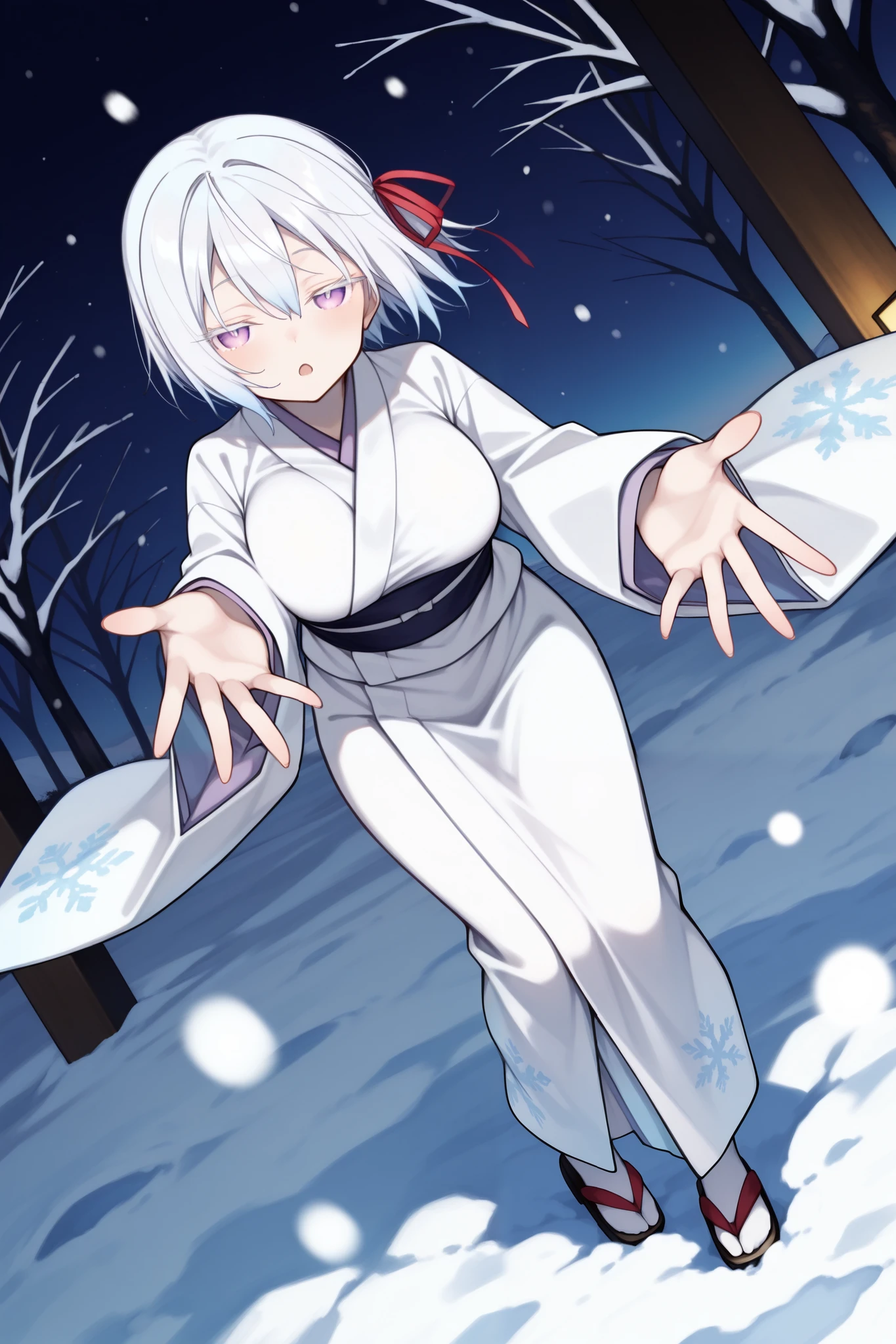 score_9, score_8_up, score_7_up, snow field, night, full body, dutch angle, (solo, 1girl, yuki onna, white hair, short hair, habitual hair, one right side hair ribbon, red ribbon, purple eyes), large breasts, petite, (white kimono), outstretched hand, cute face, slightly narrowed eyes, (((white pupil))), white eyelashes, lower eyelashes, open mouth
