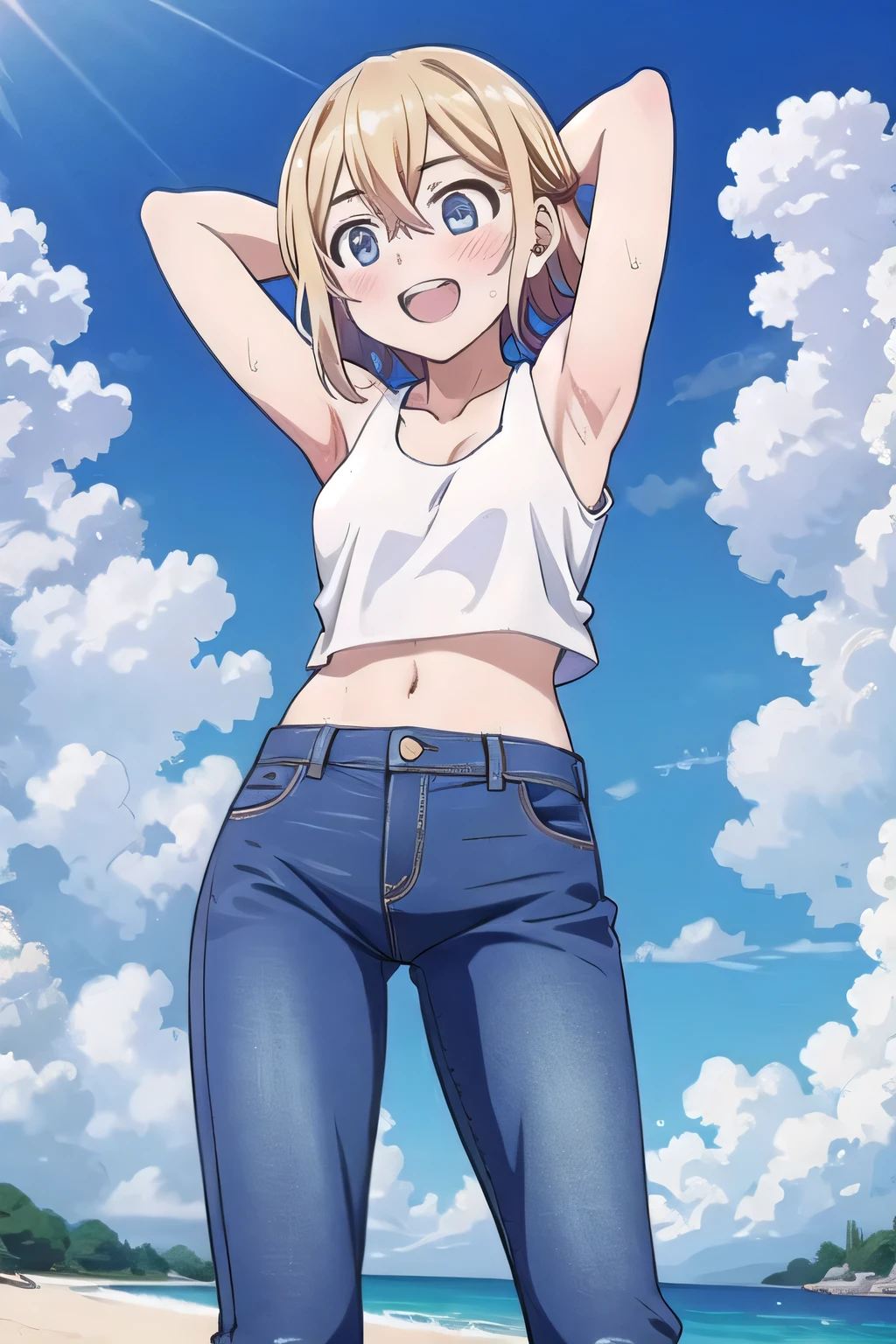 masterpiece,best quality,ultra detail, ((Perfect Face, Perfect Arms, Perfect hands, Perfect Fingers)), 1girl, , petite, ((round face, ecstasy, orgasm face, drooping eyes, shame smiling, blush)), dropping eyes, sleepy, Open mouth, ((White teeth)), background((under the beach, (day:1.2), bright sky)), mami nanami, short hair, aqua eyes, blonde hair, hair between eyes, ((arms behind head, hands behind head, fingers behind head)), ((contrapposto)), spread armpits, looking at viewer,, (white tank top:1.2), (white crop top:1.2), (jeans pants:1.2, flares jeans:1.2, skinny jeans:1.2, blue jeans:1.2), standing, (legs spread:1.4), sex pose, Sweaty crotch, Steam from the crotch, from below, whole body