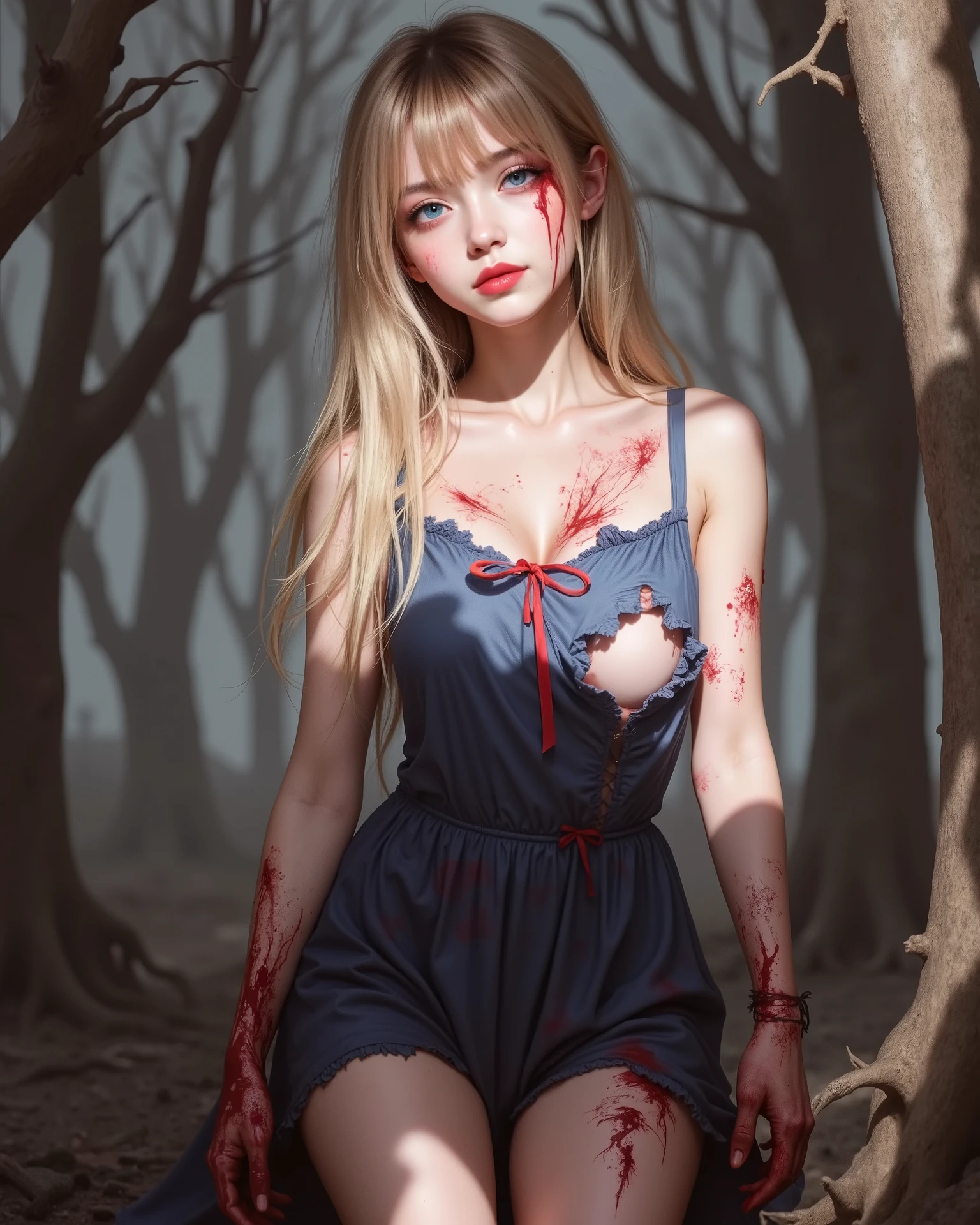 Nipples can be seen through , torn clothes , cloth pieces , (Torn clothes:1.5) , zombie , rotungwoka person ,  , wet and sweaty