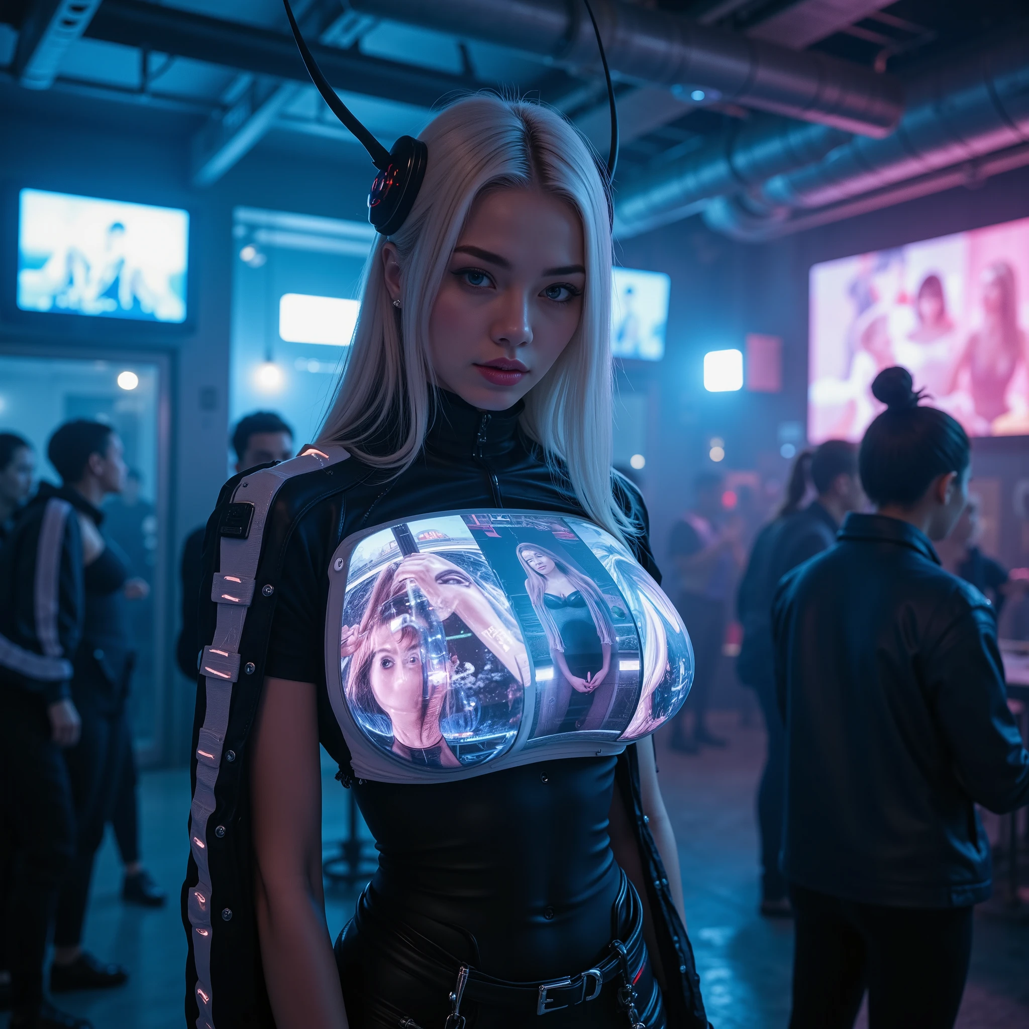 Highquality sci-fi photo, photorealistic view of (((fullbreasted))) asian woman with a perfect young face and futuristic look inspired by TV screens, flawless features with smooth, glowing skin, big, expressive eyes, straight platinum blonde hair. ((((((Clothes made of very flat flexible futuristic TV screens: The clothes are a show in themselves, with TV screens distributed across different parts of the body, displaying colorful, vibrant cyber-age images that are constantly changing)))))) as avisual performance. She is standing inmidst dimly lit smoke-filled dive bar, ((((looking into camera)))). (((several sexy female cyberpunks using VR-cyber-devices on their heads, wearing leather and latex, standing in shady corners or sitting also alone at tables))), their implants gleaming in the low light. tight waist, (((((enormous huge round breasts with cyber-implants, stimulation-gadgets, and power-outputs))))). Neon-tinged haze hanging in the air, casting an eerie blue-purple glow across the room. Holographic erotic pictures of hyper sexy female dancers flicker above the dancefloor, displaying an array of futuristic cocktails. Exposed pipes and wires crisscross the ceiling, while vintage posters and digital screens adorn the grimy walls. Steam rises from some concoctions, while others glow with bioluminescent ingredients. (((hyper detailed))), ultra sharp focus, 8k, uhd, realistic, low saturation, low contrast. avant-garde styling: The look is sensual and provocative. dystopian and technological future.